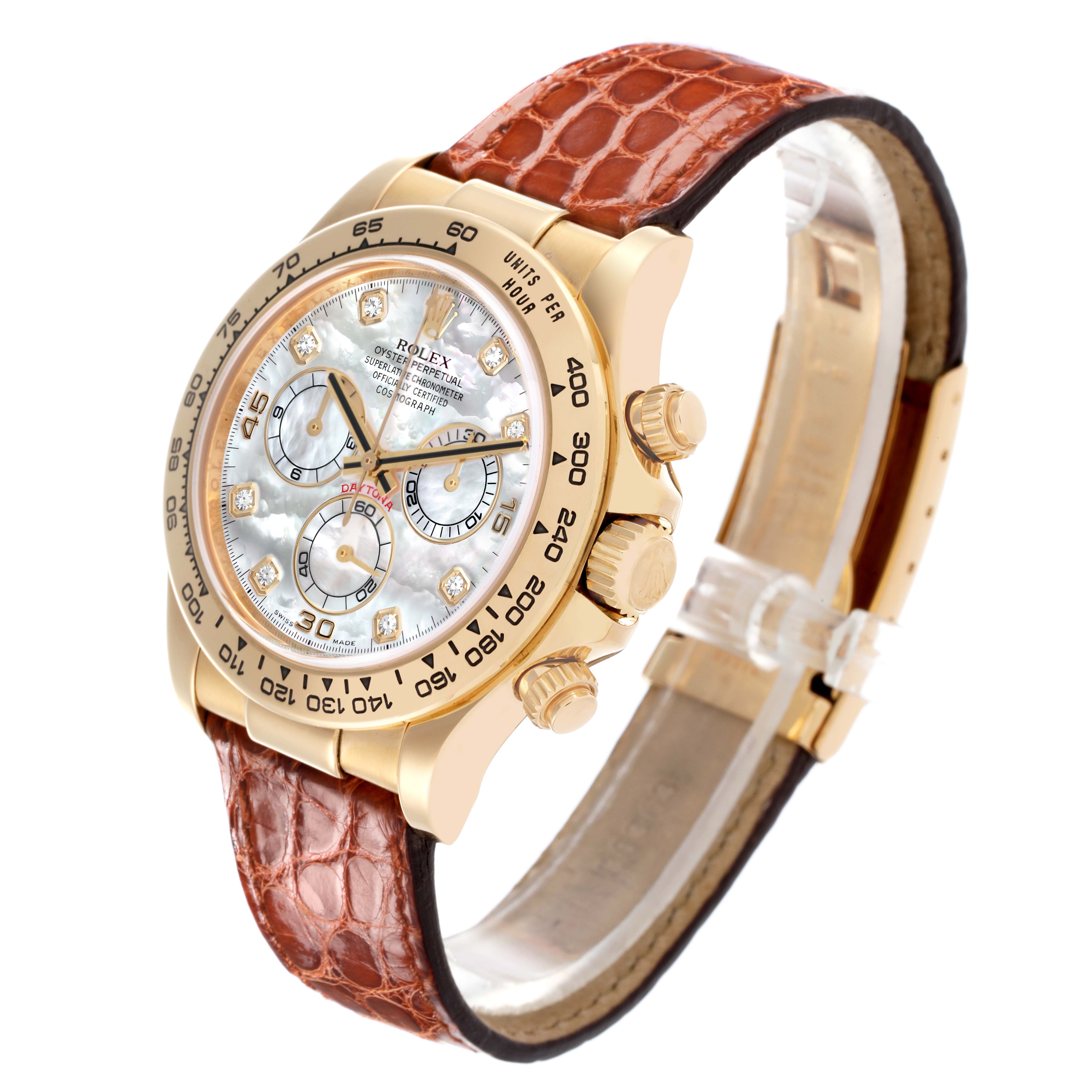 The Rolex Daytona 116518 Men's Yellow Gold Mother of Pearl Dial 116518 Men's Yellow Gold Mother of Pearl Dial watch is shown at a 3/4 angle, displaying the face, bezel, crown, and leather strap.