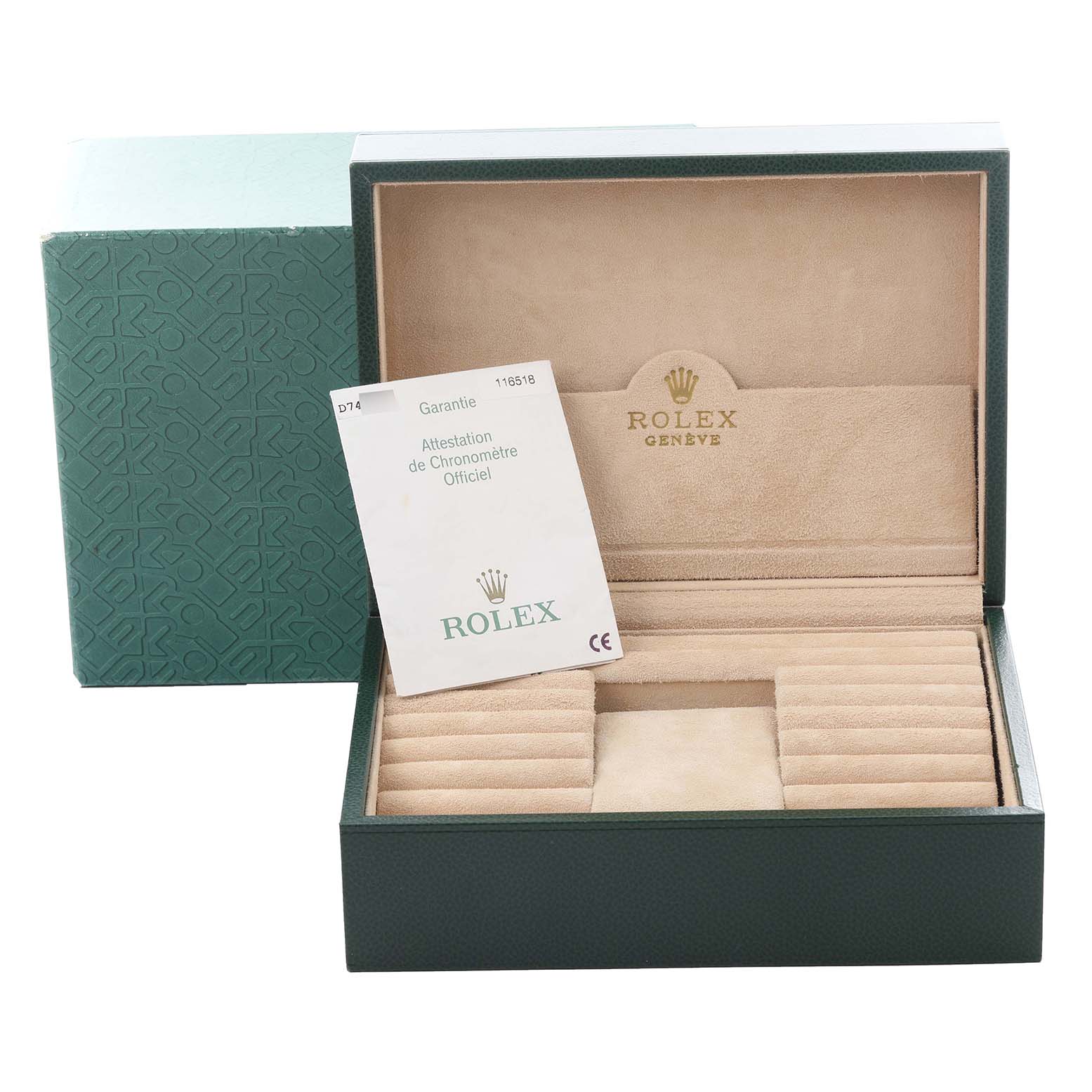 The image shows an open Rolex Daytona 116518 Men's Yellow Gold Mother of Pearl Dial 116518 Men's Yellow Gold Mother of Pearl Dial watch box with a warranty card inside.