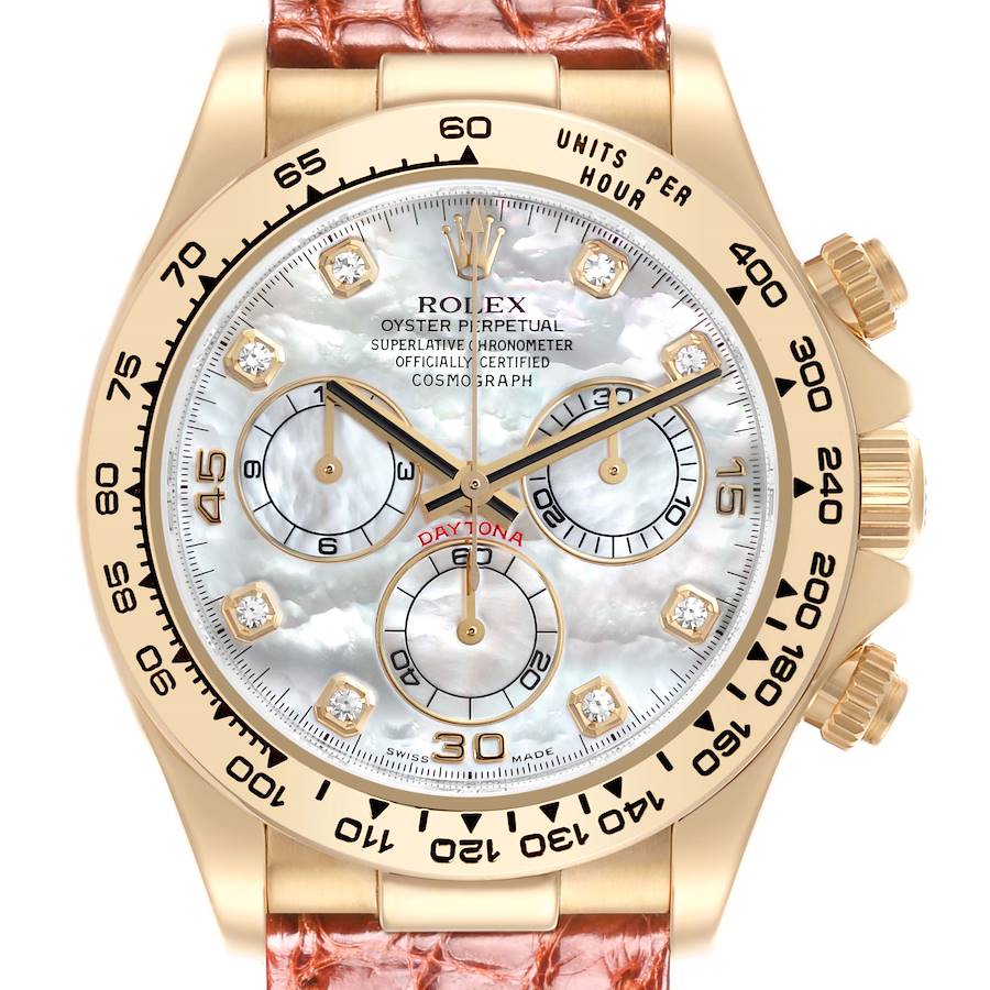 The image shows a front view of the Rolex Daytona watch face with a leather strap and dial details.