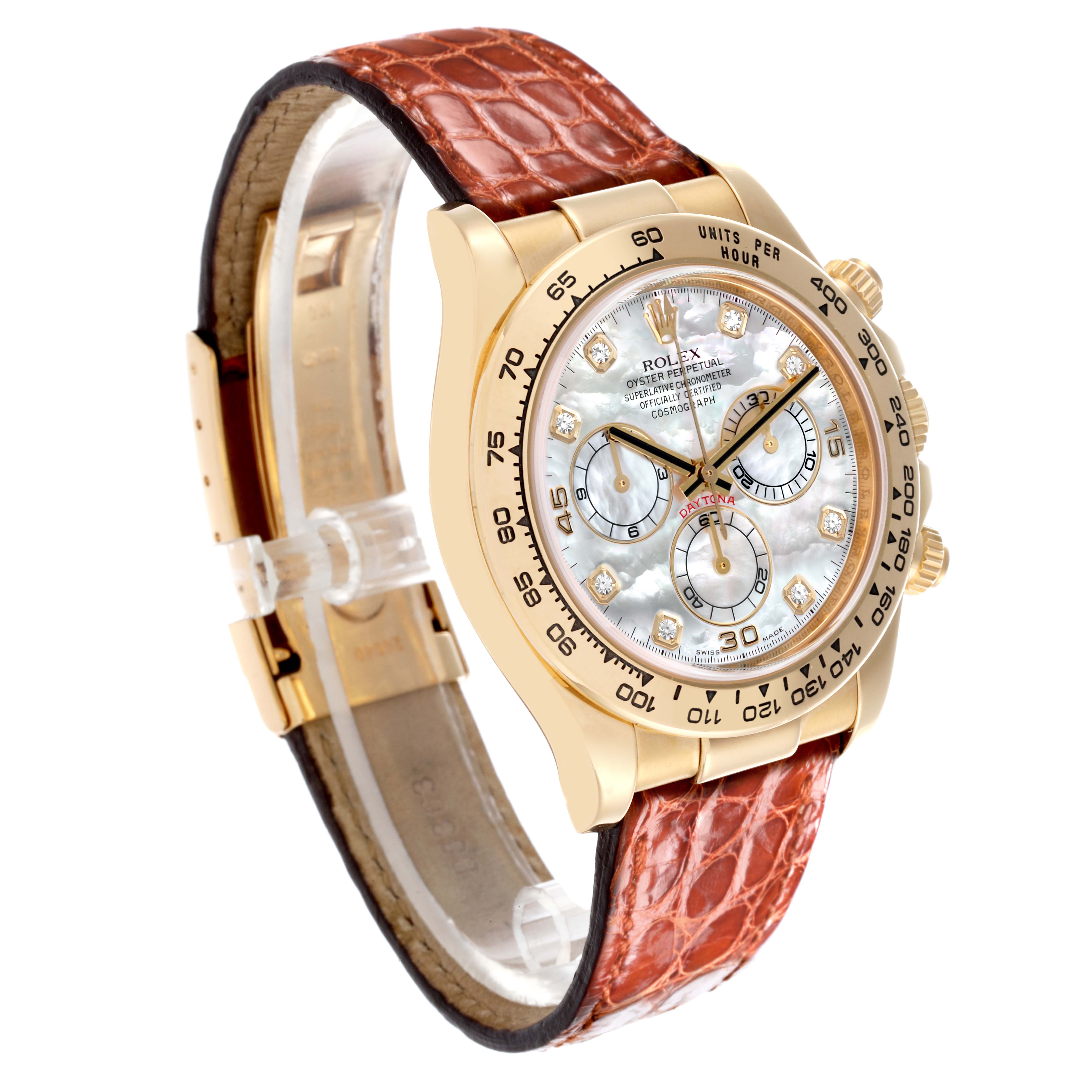 The Rolex Daytona 116518 Men's Yellow Gold Mother of Pearl Dial 116518 Men's Yellow Gold Mother of Pearl Dial watch is shown at a three-quarter angle, displaying the face, bezel, and leather strap.