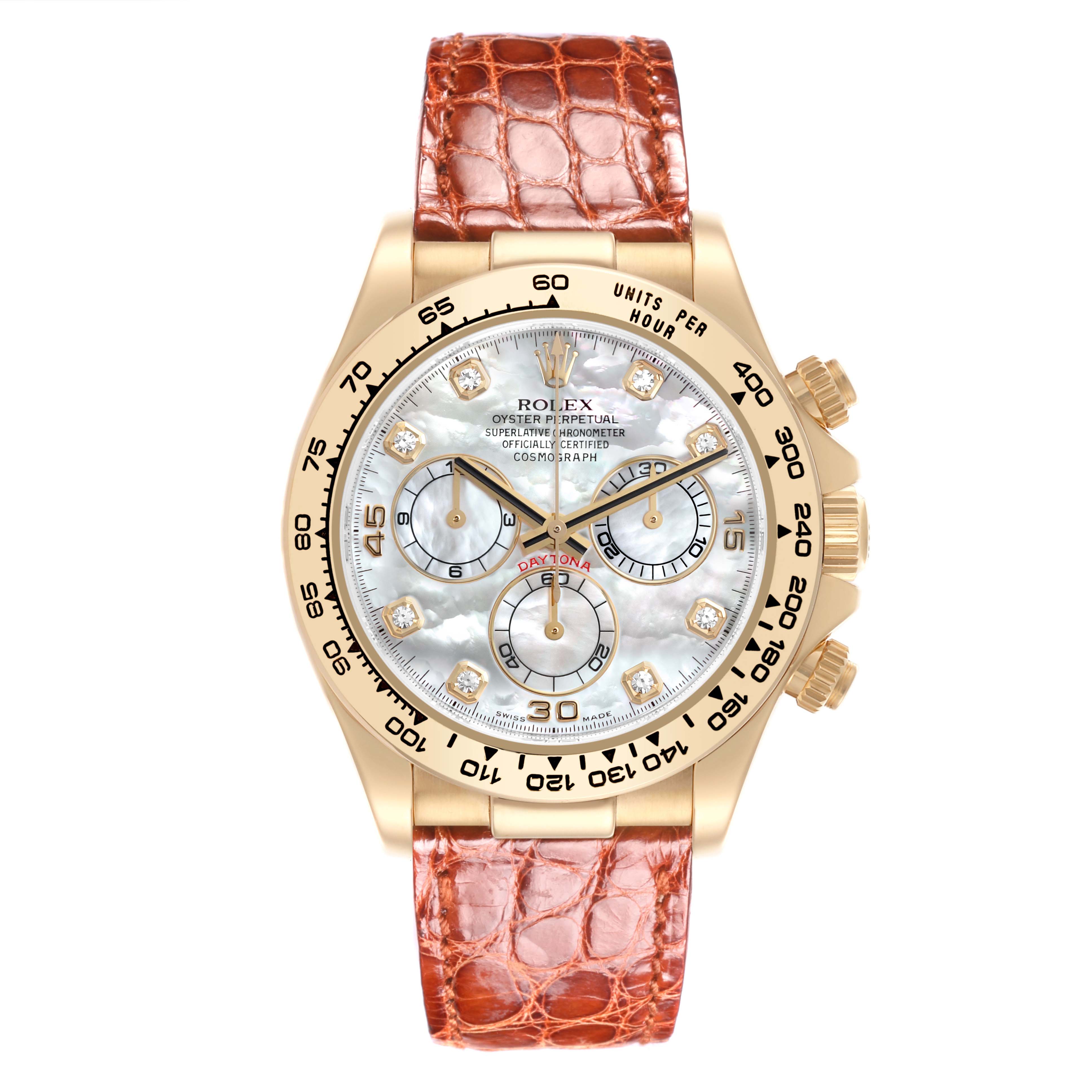 The Rolex Daytona 116518 Men's Yellow Gold Mother of Pearl Dial 116518 Men's Yellow Gold Mother of Pearl Dial watch is shown from the front, featuring its face, bezel, and leather strap.