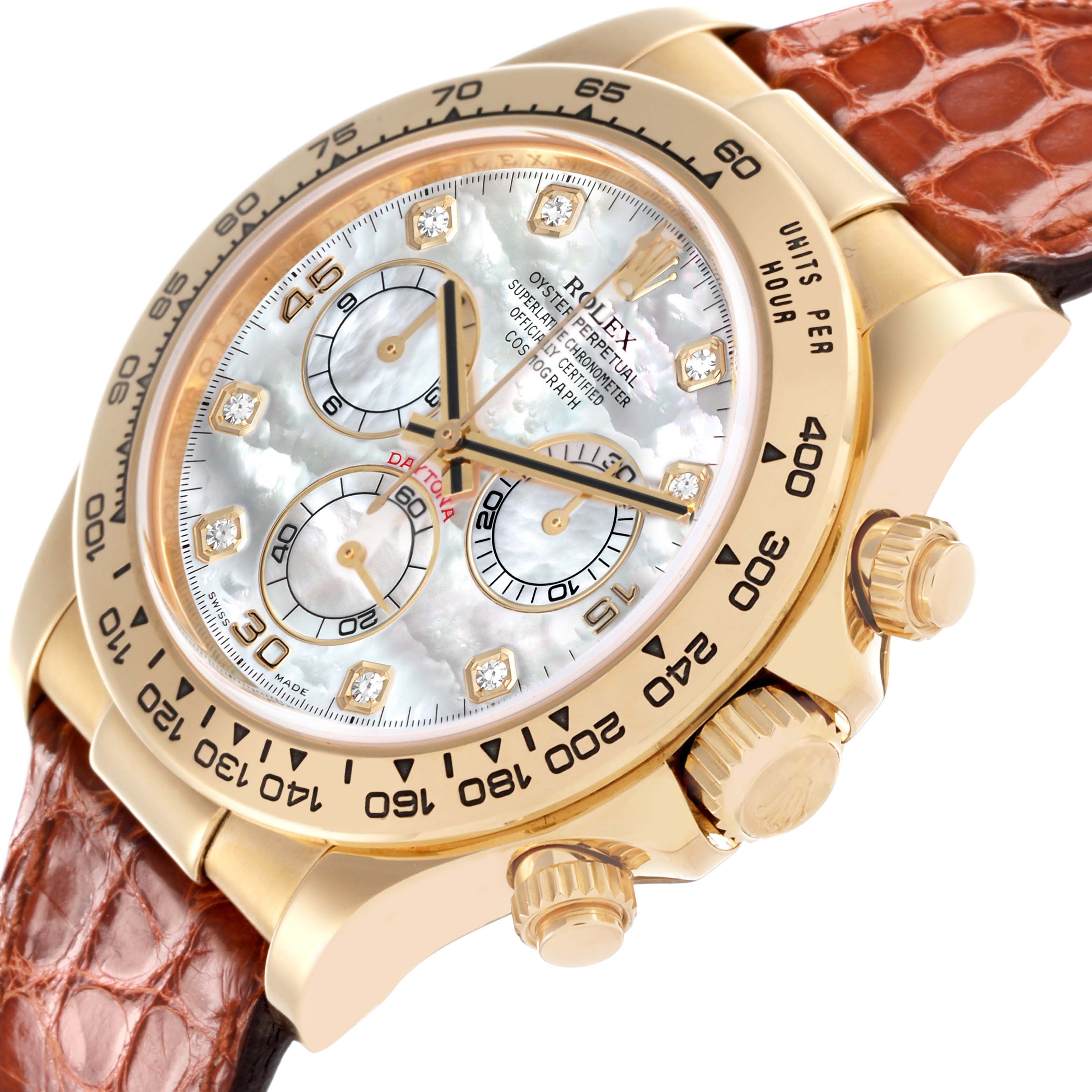 The Rolex Daytona 116518 Men's Yellow Gold Mother of Pearl Dial 116518 Men's Yellow Gold Mother of Pearl Dial watch is shown at a slight angle, highlighting the dial, bezel, pushers, and part of the strap.