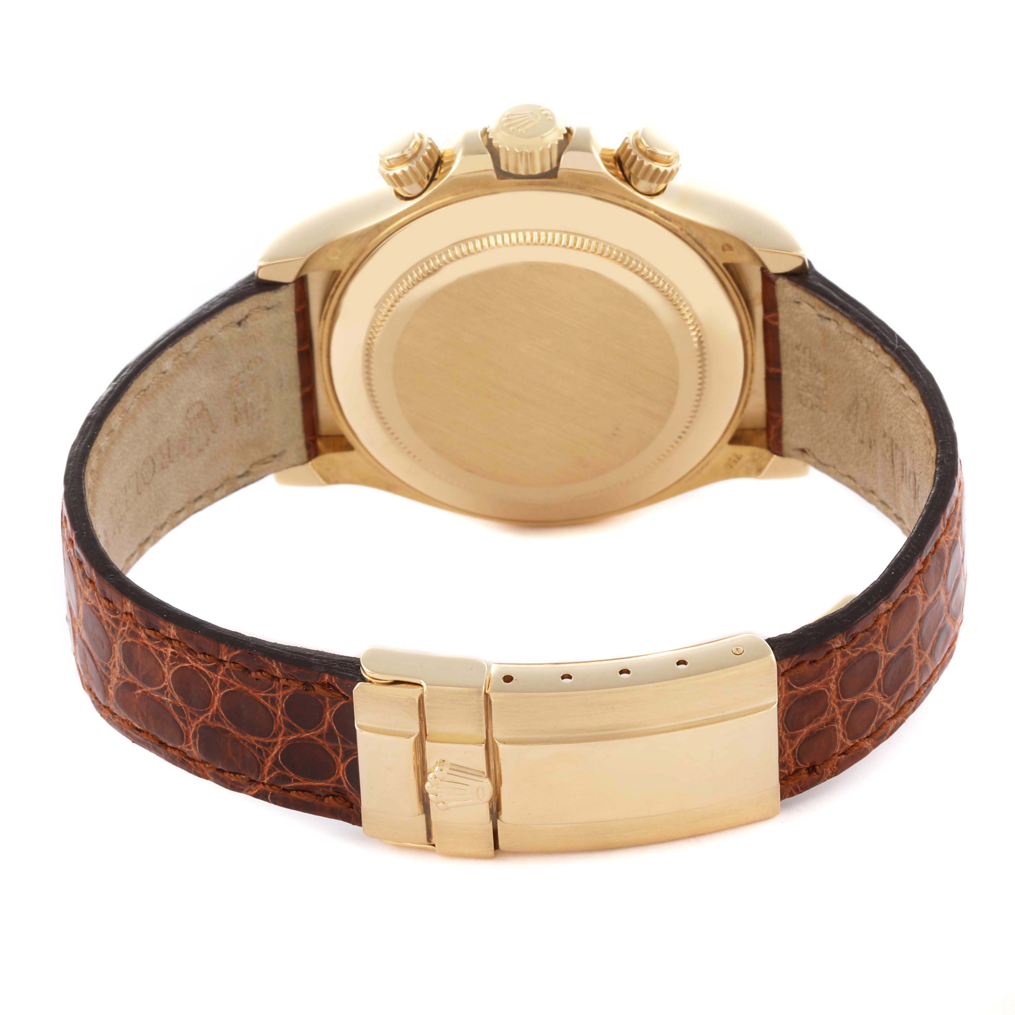 The image shows the back view of a Rolex Daytona 116518 Men's Yellow Gold Mother of Pearl Dial 116518 Men's Yellow Gold Mother of Pearl Dial, highlighting its gold case and brown leather strap with a gold clasp.