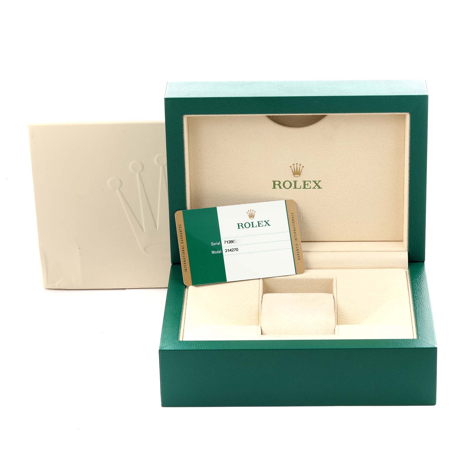 The image shows a Rolex Explorer 214270 Men
s Stainless Steel Black Dial 214270 Men
s Stainless Steel Black Dial watch box with a guarantee card, shot from a front angle.