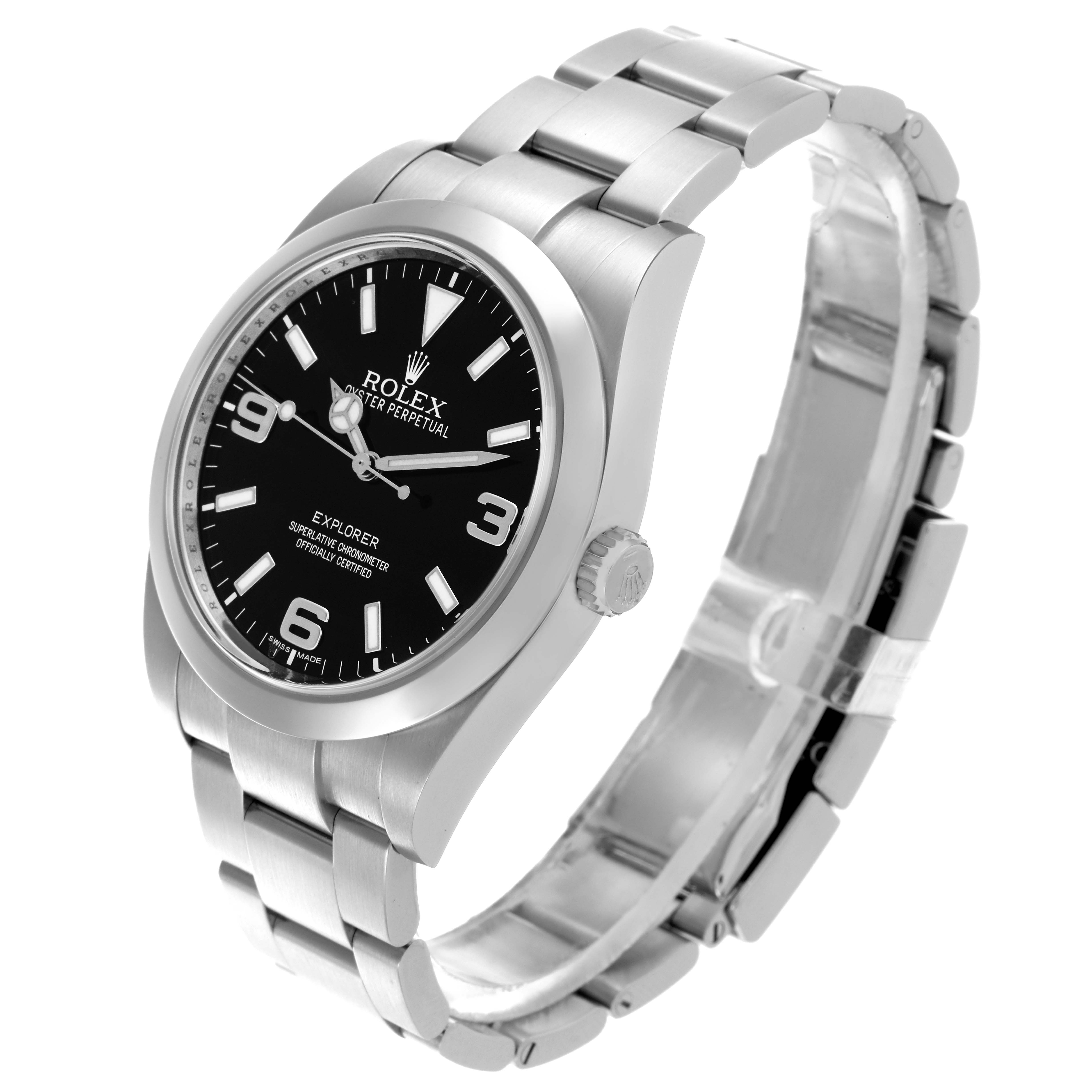 The Rolex Explorer 214270 Men
s Stainless Steel Black Dial 214270 Men
s Stainless Steel Black Dial watch is shown at a slight angle, displaying the face, bezel, crown, and part of the bracelet.