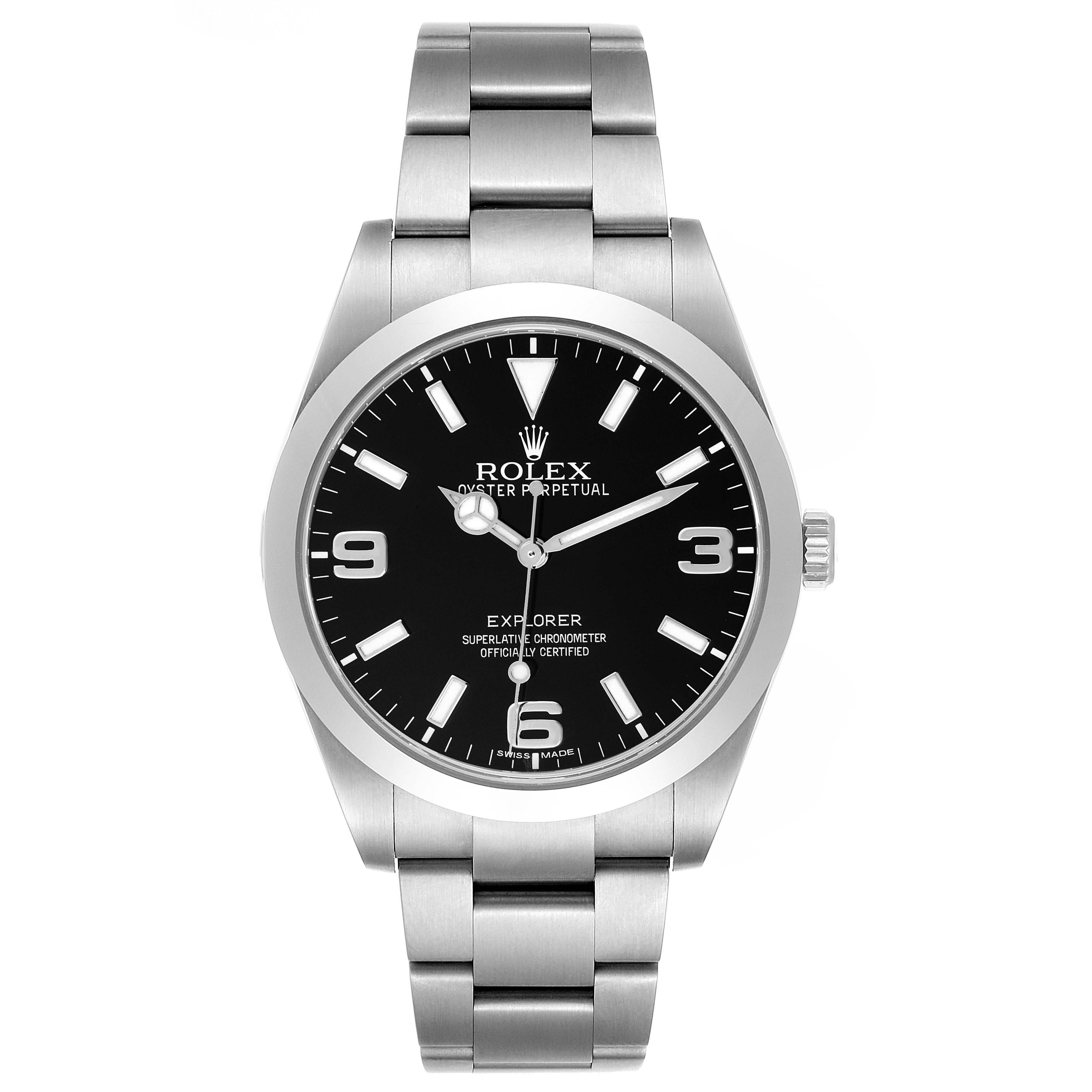 The Rolex Explorer 214270 Men
s Stainless Steel Black Dial 214270 Men
s Stainless Steel Black Dial watch is shown from a front angle, highlighting the face, case, and bracelet.