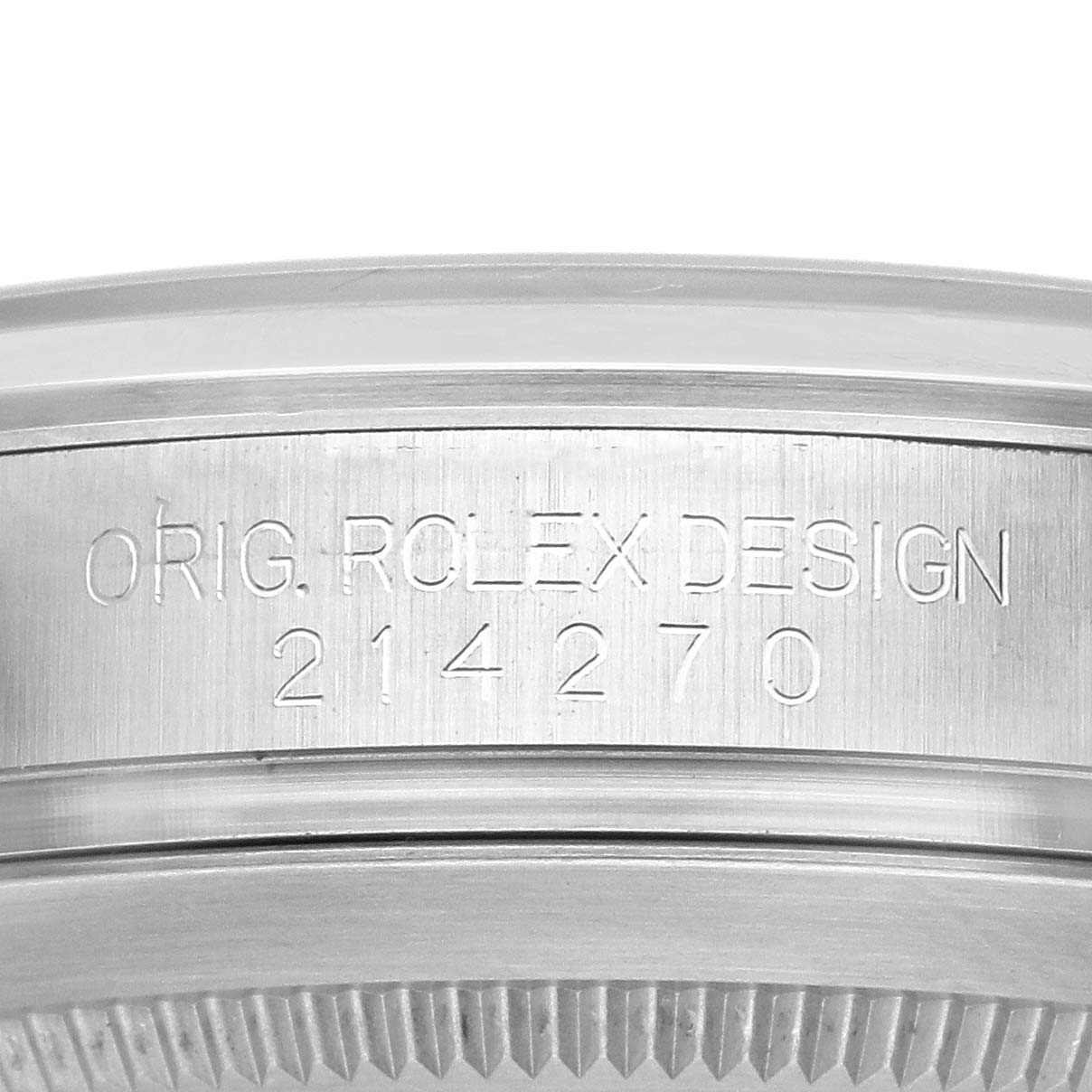 The image shows a close-up of the side engraving on a Rolex Explorer 214270 Men
s Stainless Steel Black Dial 214270 Men
s Stainless Steel Black Dial, displaying the model number "214270."