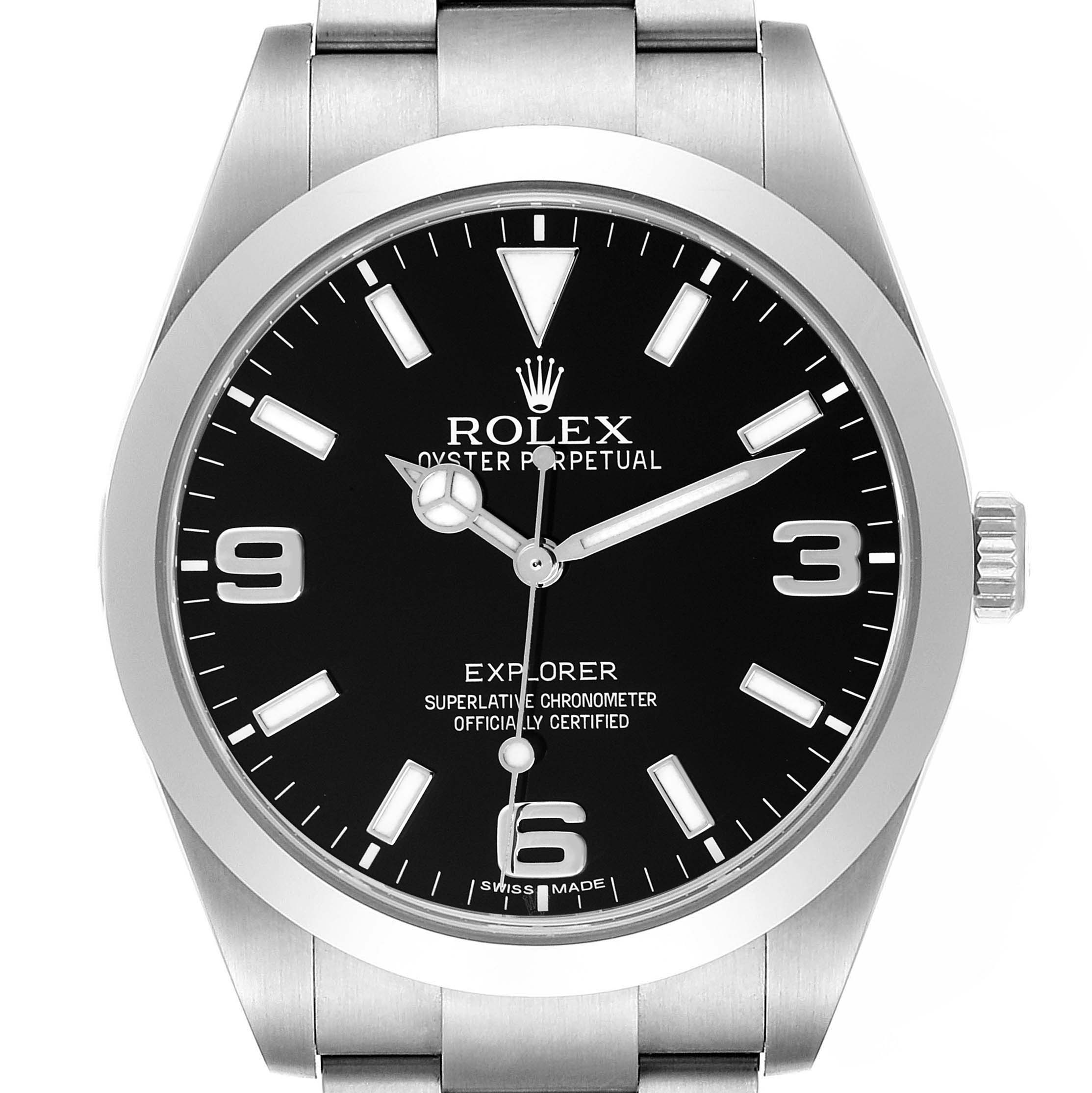 The Rolex Explorer 214270 Men
s Stainless Steel Black Dial 214270 Men
s Stainless Steel Black Dial watch is shown from a front view, highlighting the dial, bezel, case, and part of the bracelet.