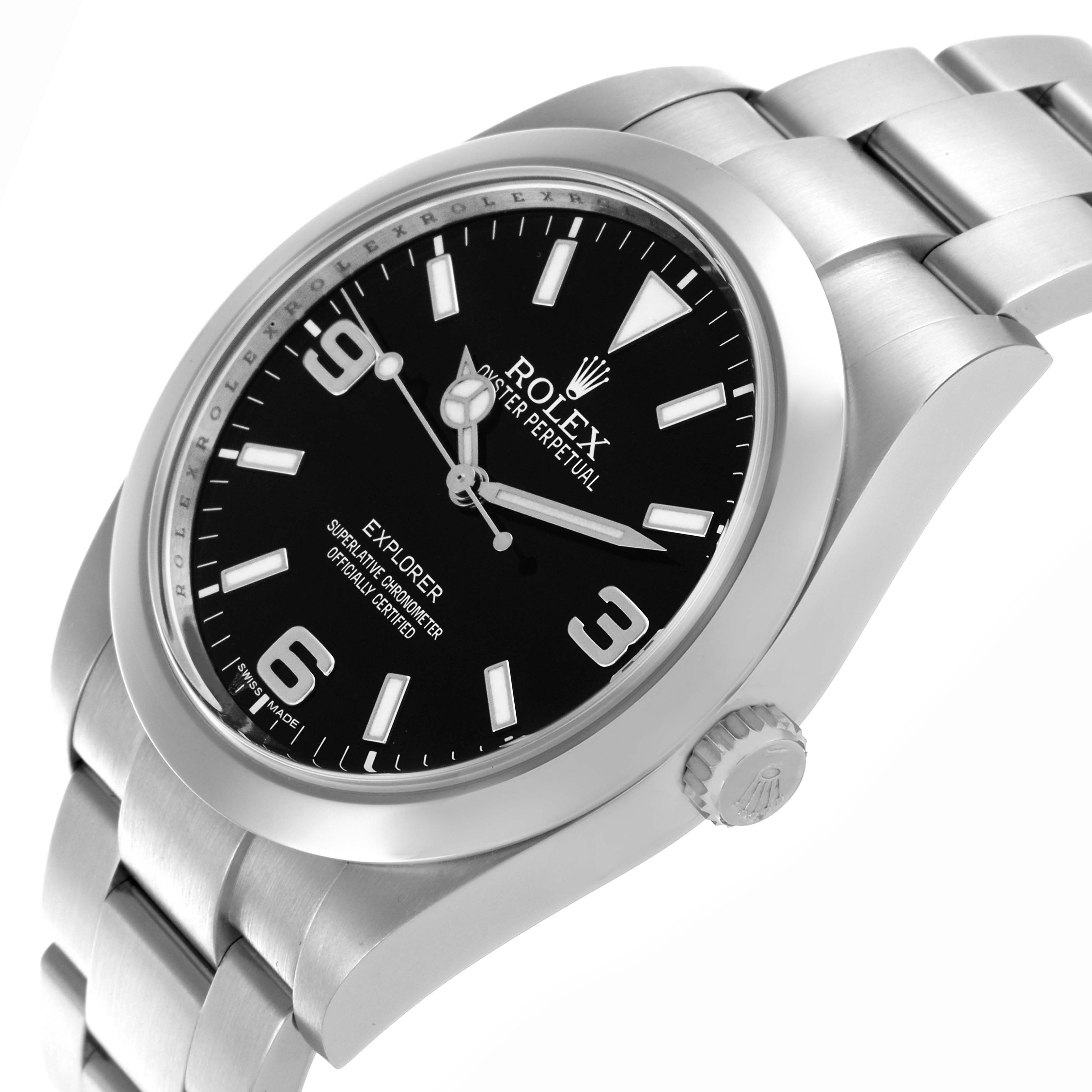 The Rolex Explorer 214270 Men
s Stainless Steel Black Dial 214270 Men
s Stainless Steel Black Dial watch is shown at an angle, highlighting the face, bezel, crown, and part of the bracelet.