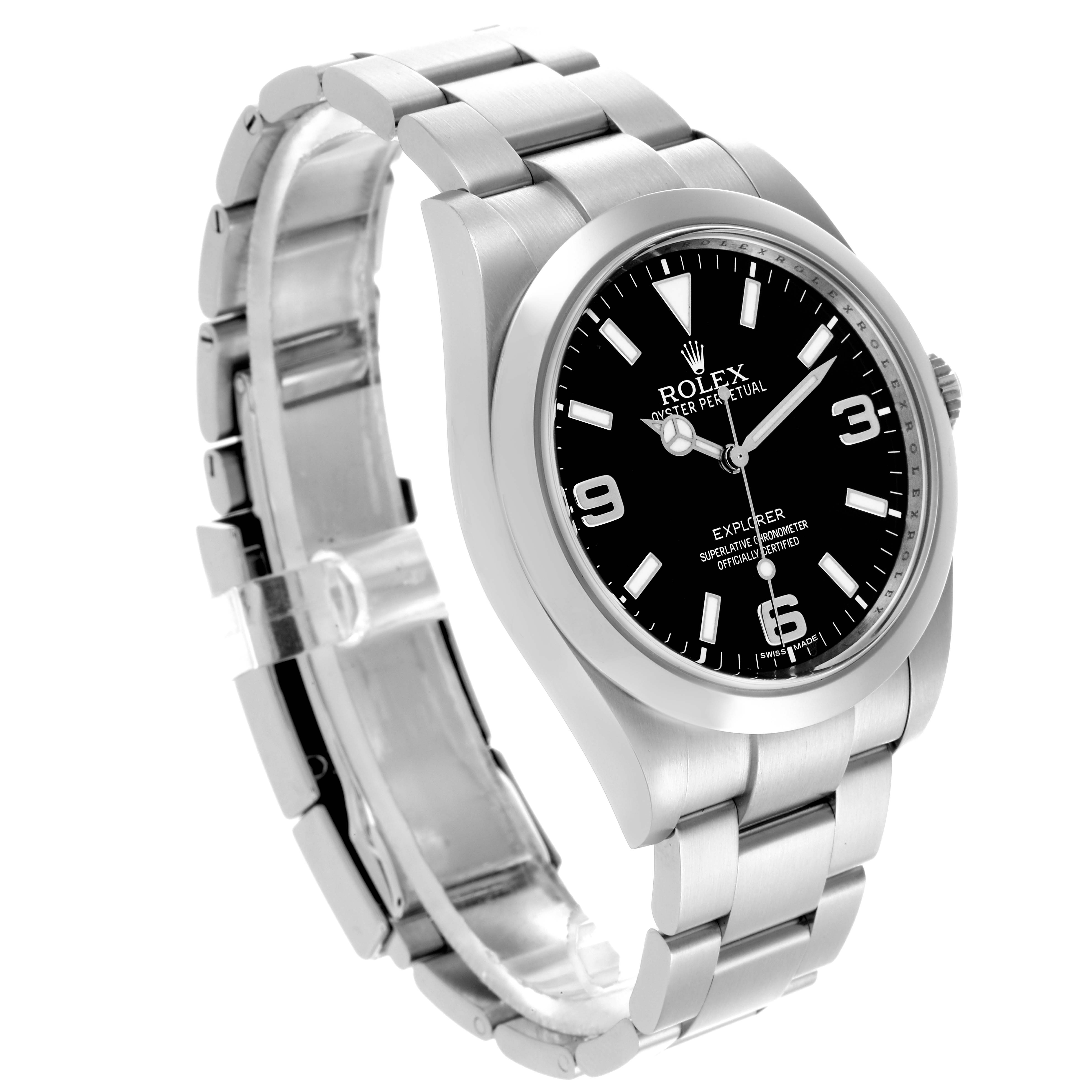 The Rolex Explorer 214270 Men
s Stainless Steel Black Dial 214270 Men
s Stainless Steel Black Dial watch is shown at a slight angle, highlighting the dial, bezel, and bracelet.