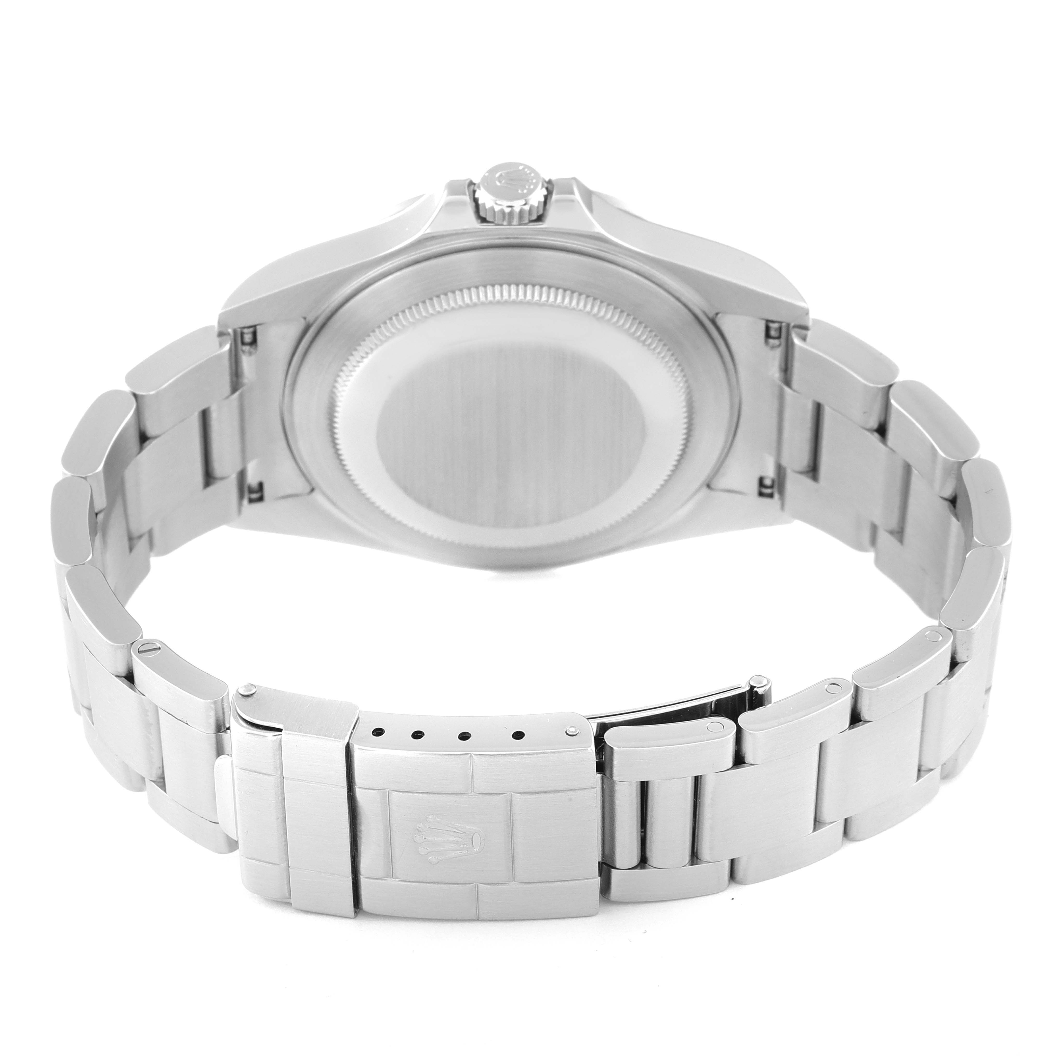 The image shows the back case and bracelet of a Rolex Explorer 16570 Men's Stainless Steel White Dial 16570 Men's Stainless Steel White Dial watch from a rear angle.