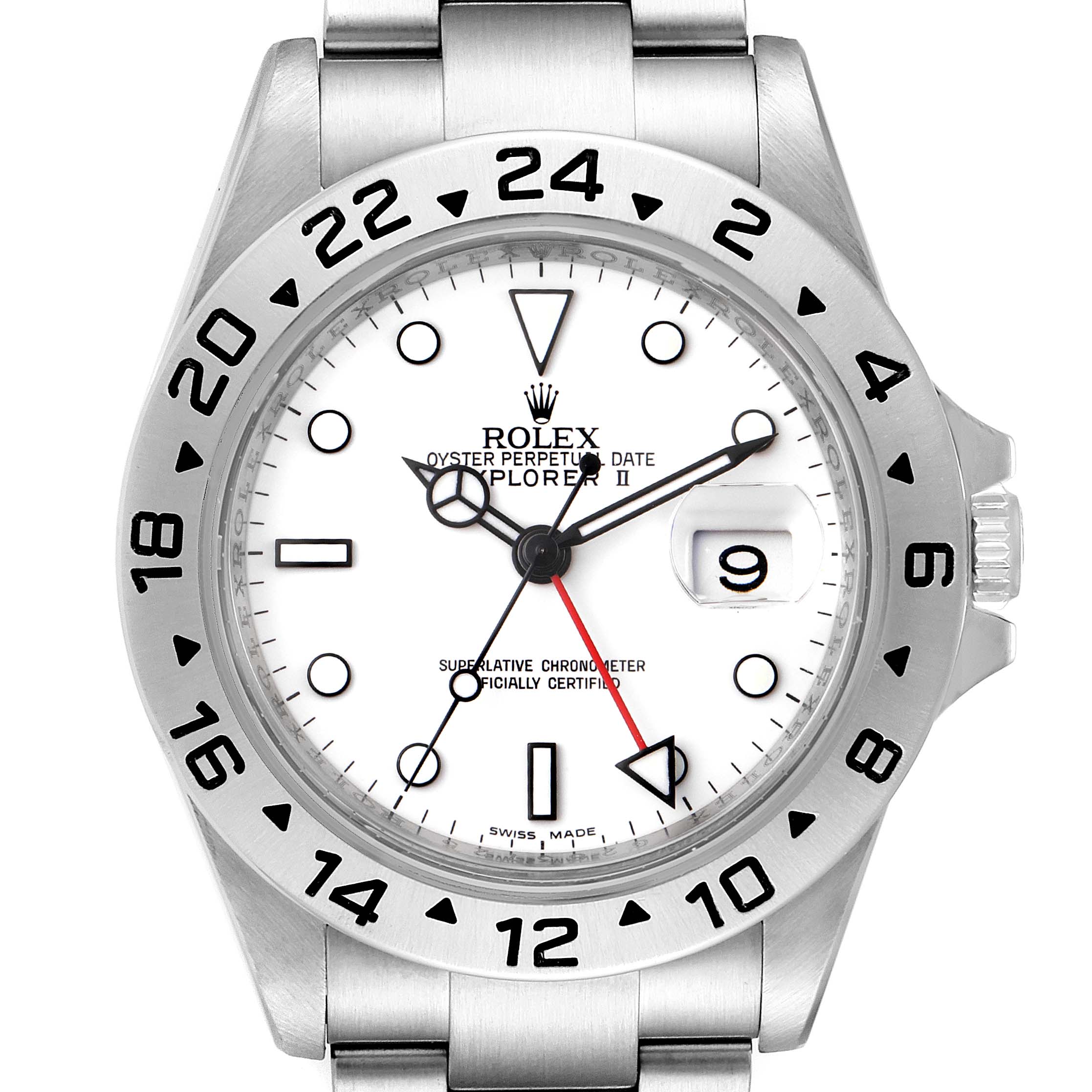 The image shows a front view of the Rolex Explorer 16570 Men's Stainless Steel White Dial 16570 Men's Stainless Steel White Dial watch, highlighting the bezel, dial, hands, date window, and bracelet.