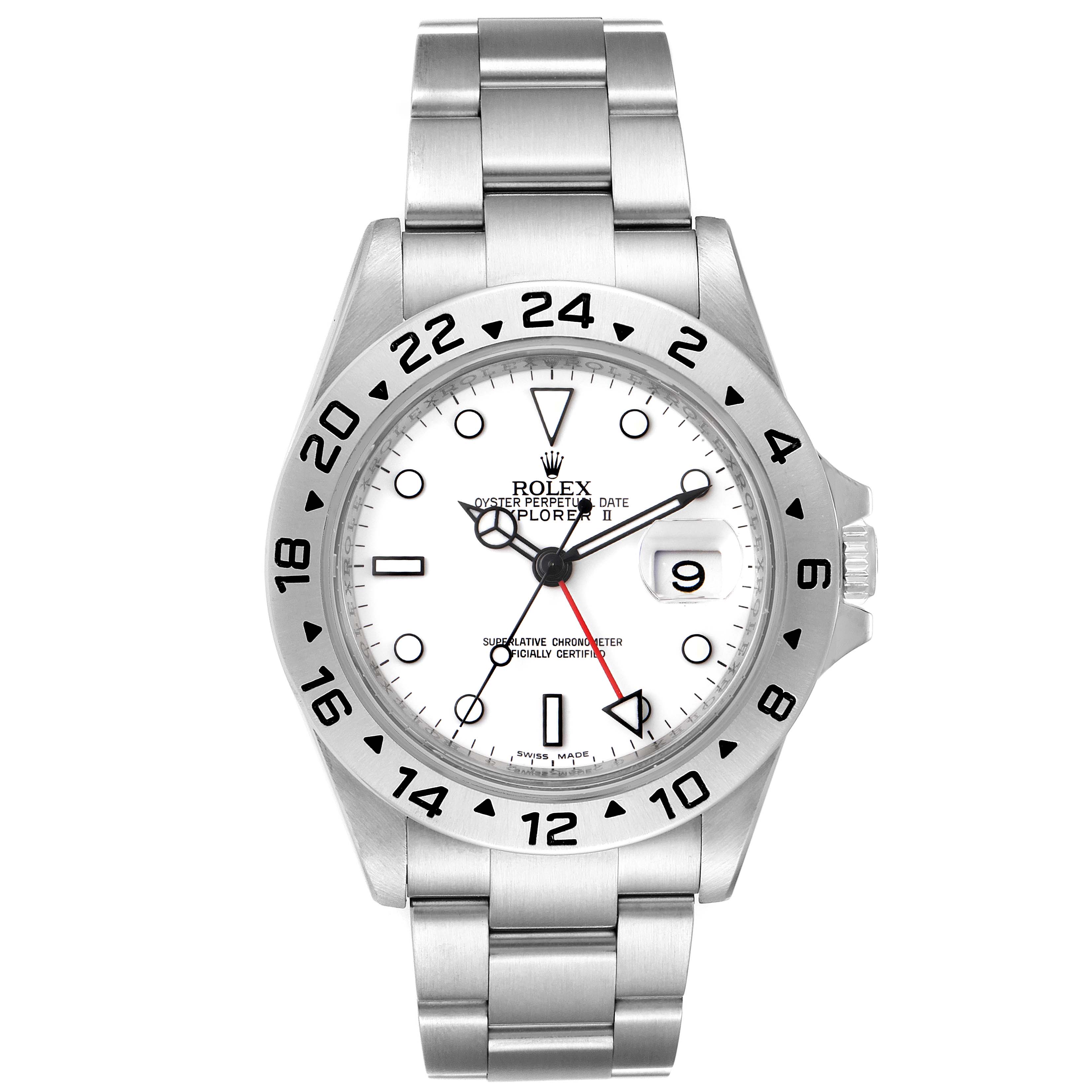 This image shows a front view of a Rolex Explorer 16570 Men's Stainless Steel White Dial 16570 Men's Stainless Steel White Dial watch, highlighting the dial, bezel, case, and bracelet.