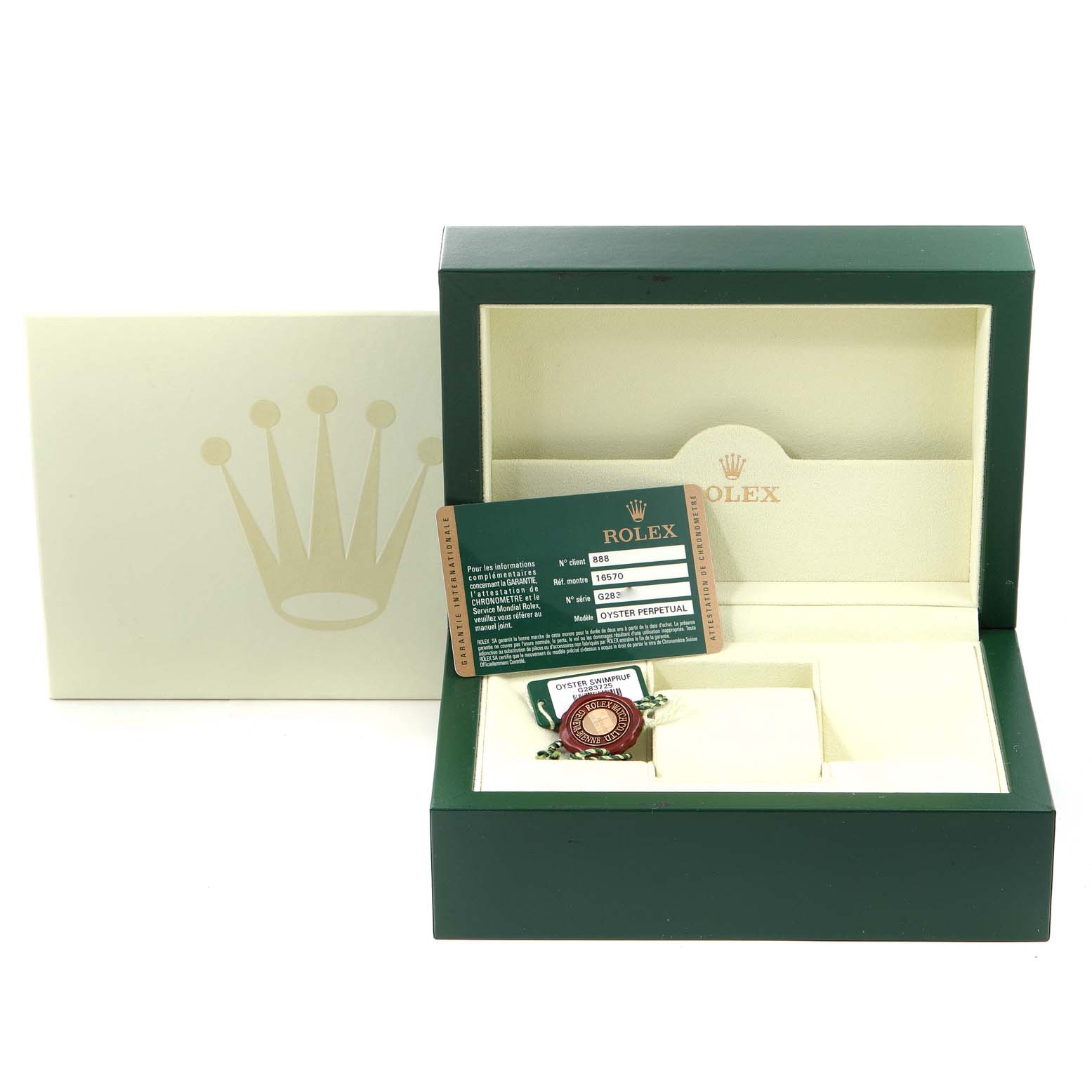 This image shows the box and accessories for a Rolex Explorer 16570 Men's Stainless Steel White Dial 16570 Men's Stainless Steel White Dial, including the warranty card and tag.