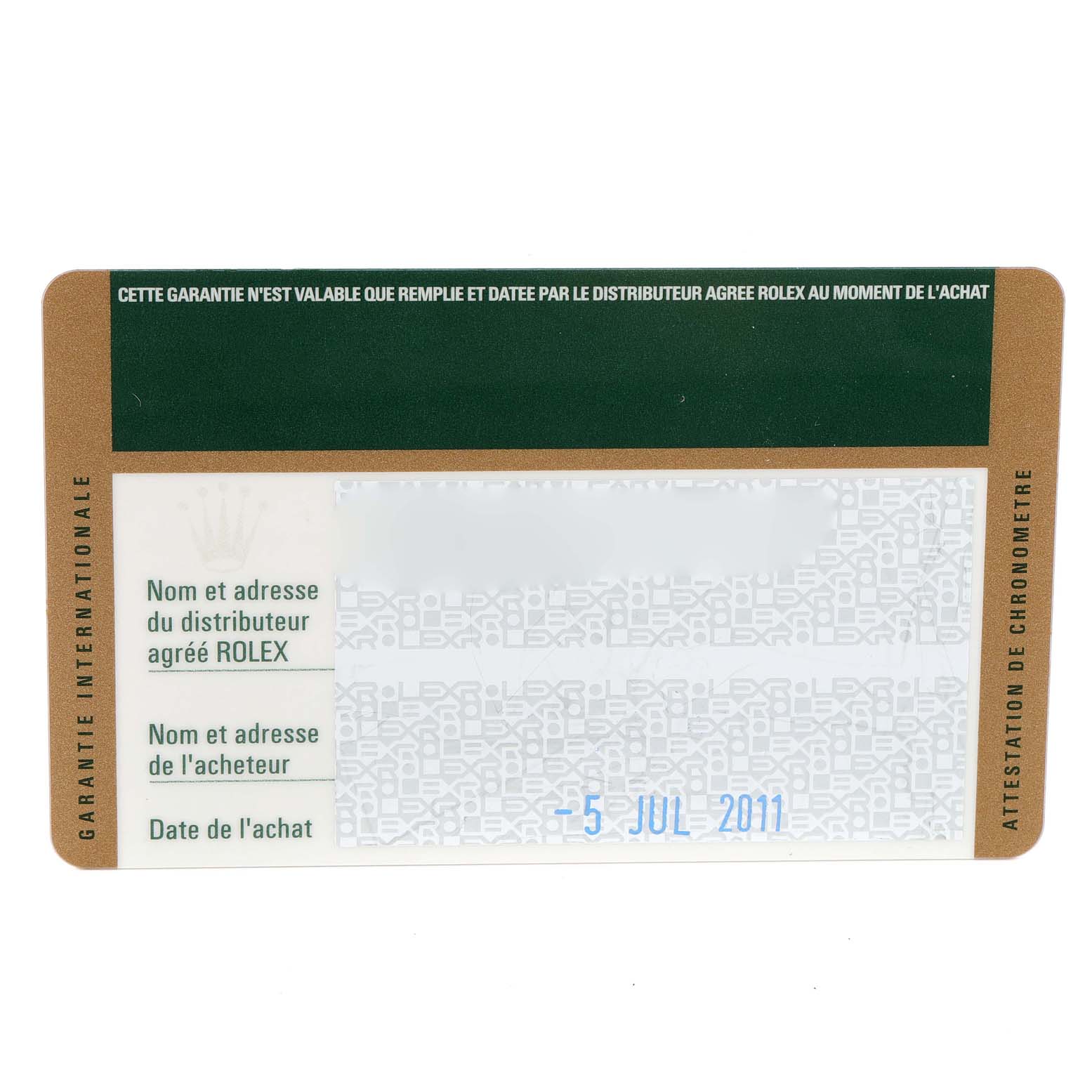 This image shows an authenticity or warranty card for the Rolex Explorer 16570 Men's Stainless Steel White Dial 16570 Men's Stainless Steel White Dial model, photographed from a top-down angle.