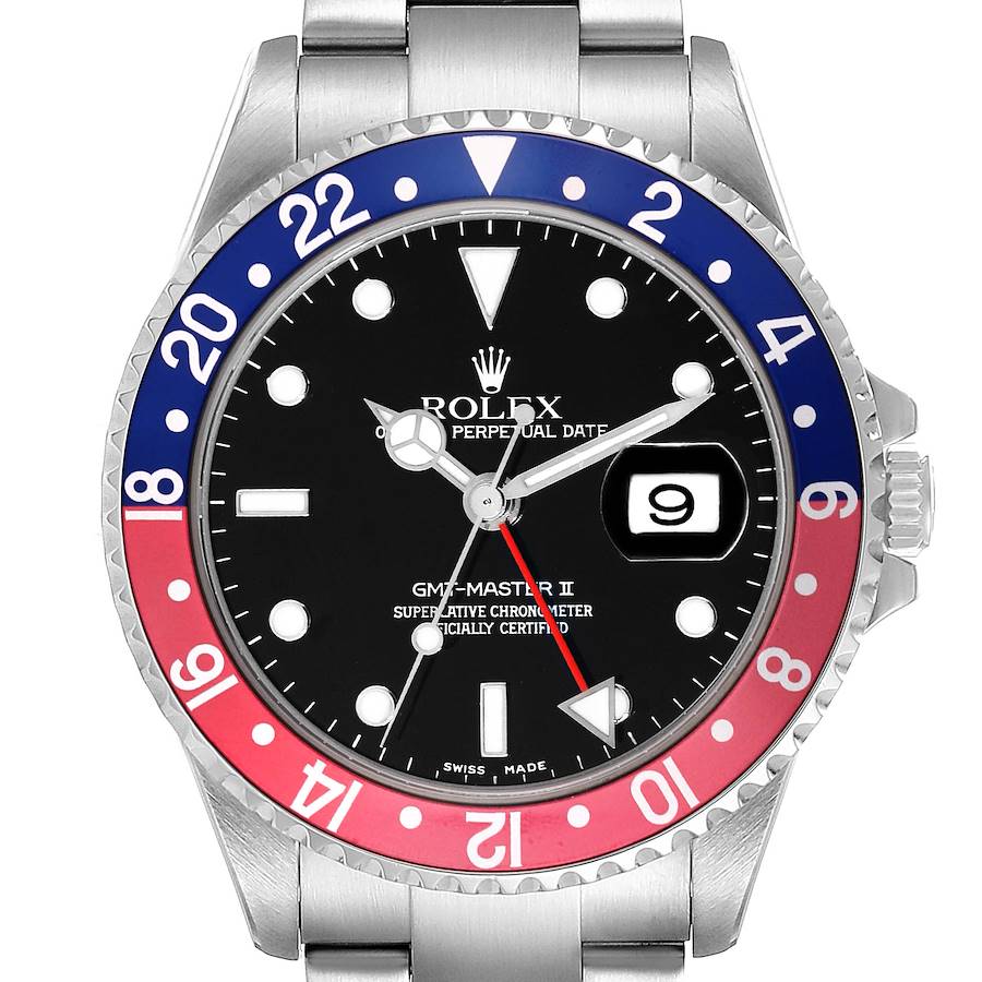 The Rolex GMT-Master watch is shown from the front, highlighting the bezel, dial, and date window.