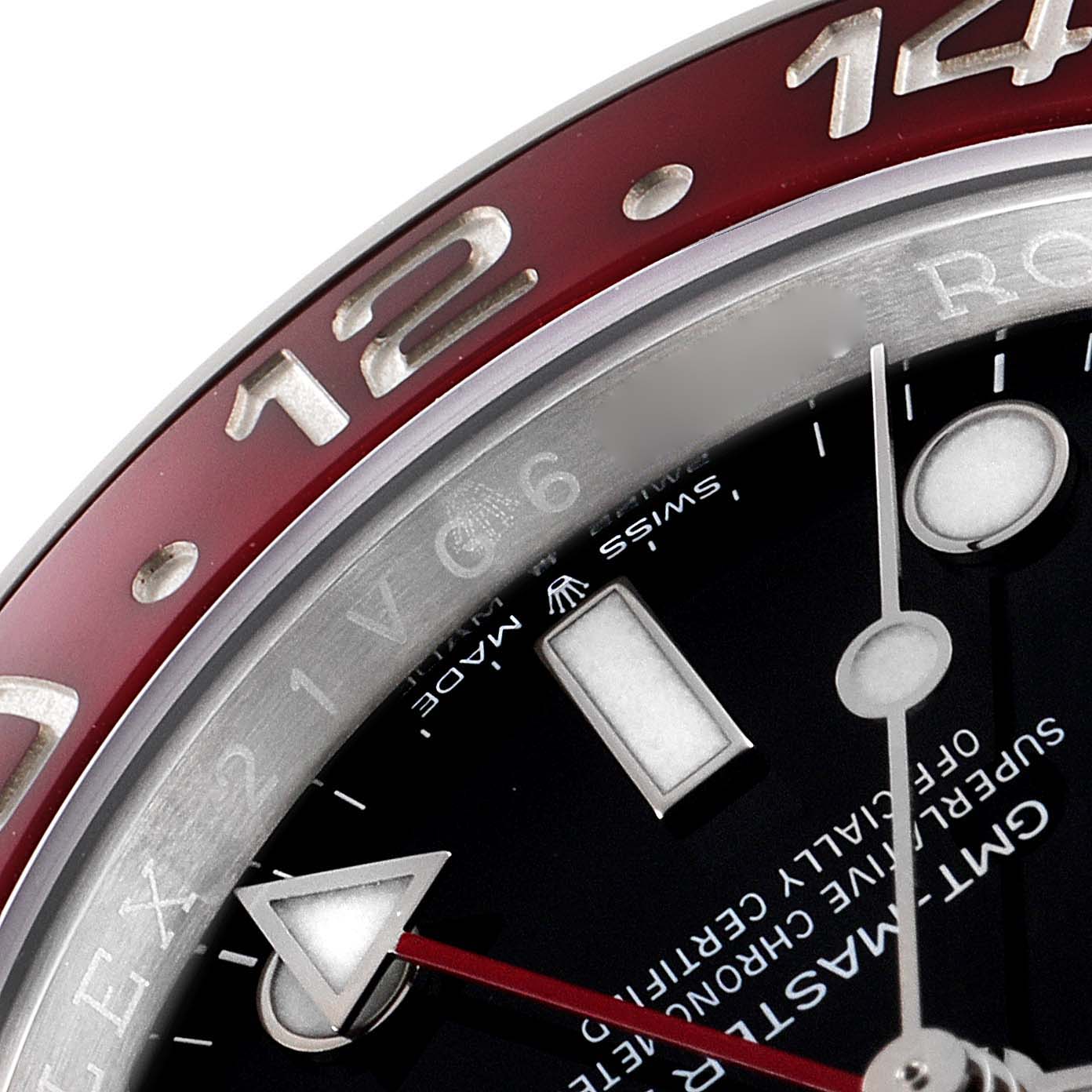 The image shows a close-up angle of the dial and bezel of the Rolex GMT-Master 126710 Men
s Stainless Steel Black Dial 126710 Men
s Stainless Steel Black Dial watch.