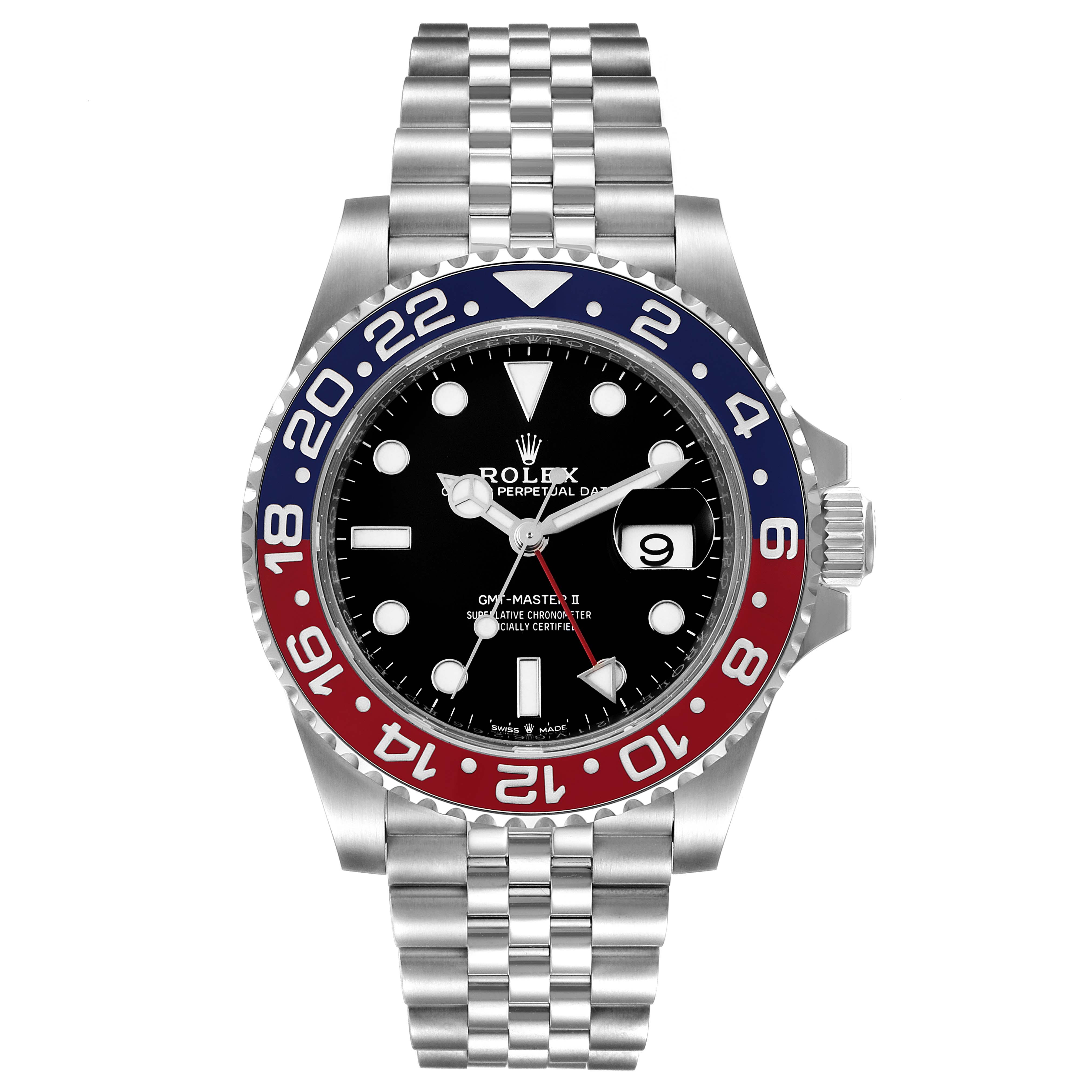 The image shows a front view of a Rolex GMT-Master 126710 Men
s Stainless Steel Black Dial 126710 Men
s Stainless Steel Black Dial watch, featuring a 
Pepsi
 bezel, black dial, and jubilee bracelet.