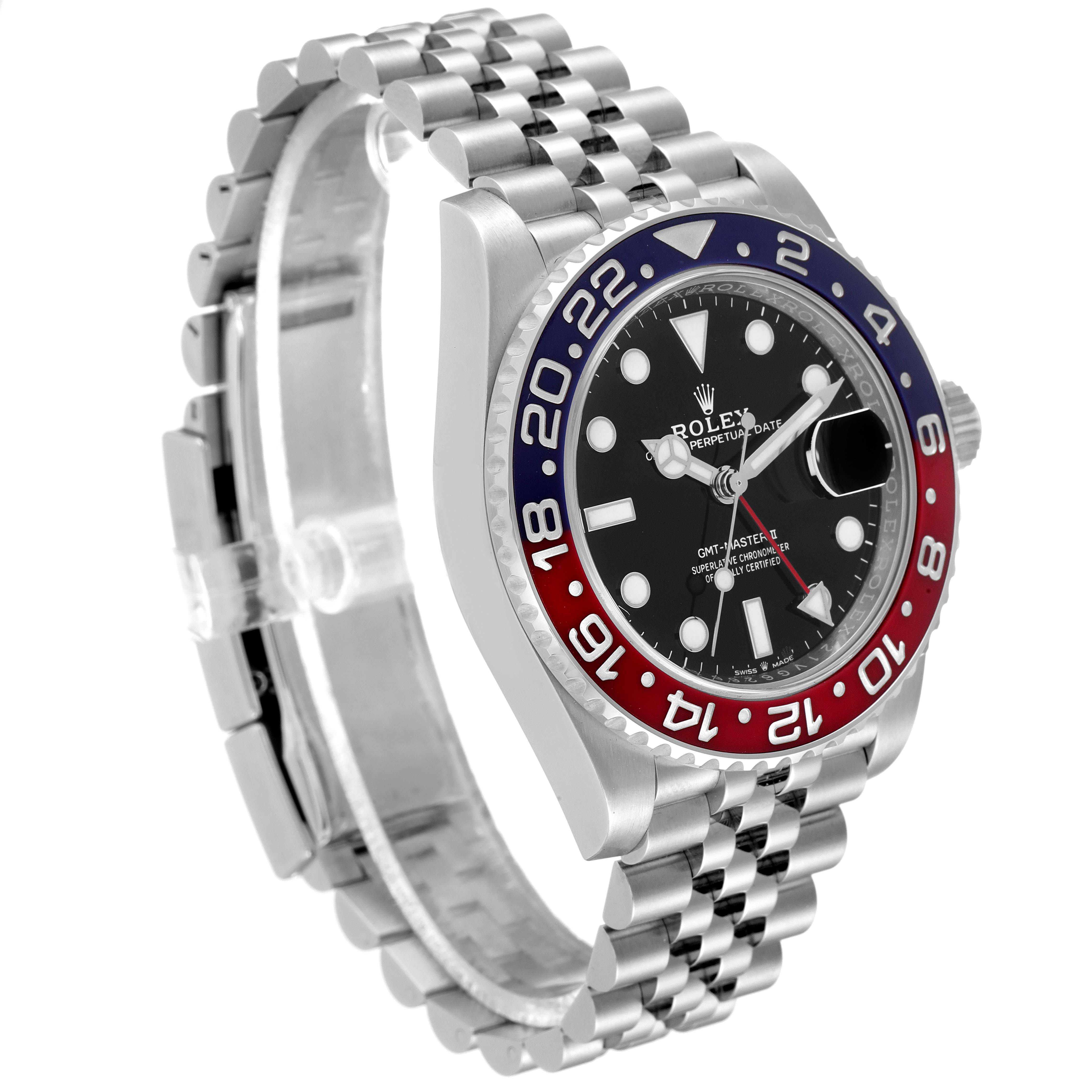 The Rolex GMT-Master 126710 Men
s Stainless Steel Black Dial 126710 Men
s Stainless Steel Black Dial watch is shown at a three-quarter angle, highlighting its bezel, face, and jubilee bracelet.