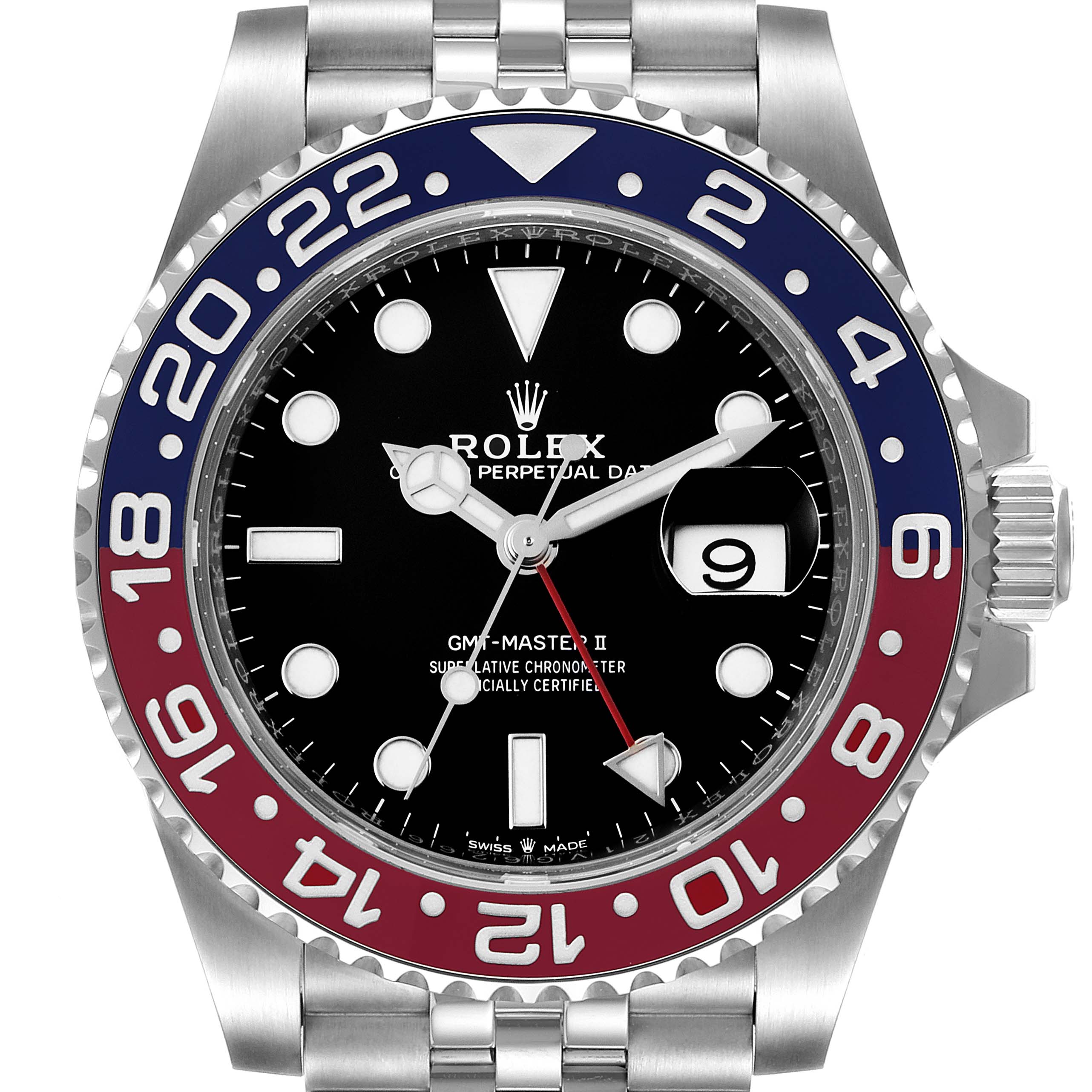 This image shows a front angle of the Rolex GMT-Master 126710 Men
s Stainless Steel Black Dial 126710 Men
s Stainless Steel Black Dial II watch, displaying the dial, bezel, and part of the bracelet.