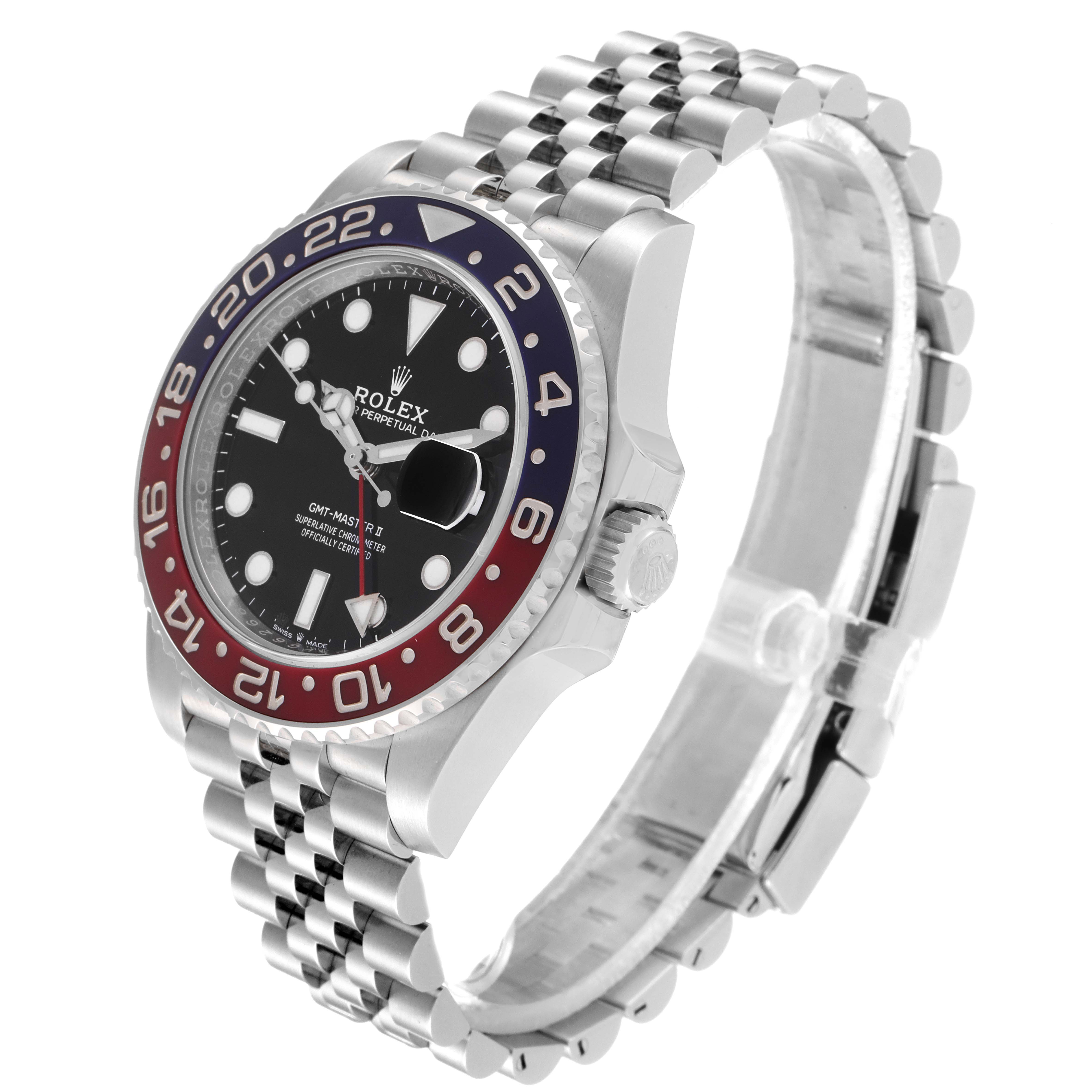 The image shows a Rolex GMT-Master 126710 Men
s Stainless Steel Black Dial 126710 Men
s Stainless Steel Black Dial II watch at a 3/4 angle, highlighting the bezel, dial, case, and Jubilee bracelet.