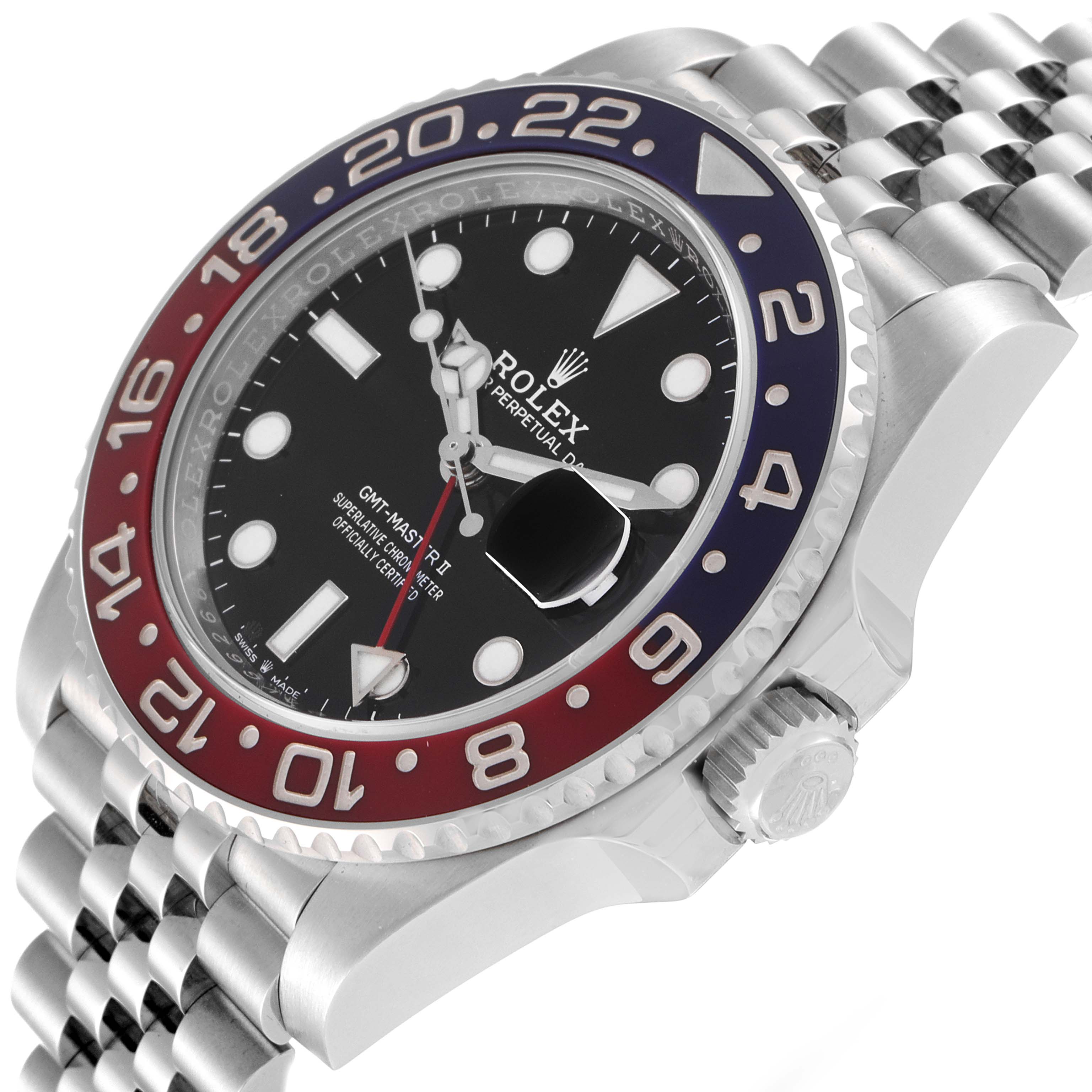 The image shows a Rolex GMT-Master 126710 Men
s Stainless Steel Black Dial 126710 Men
s Stainless Steel Black Dial watch at a slight angle, highlighting the bezel, face, crown, and part of the bracelet.