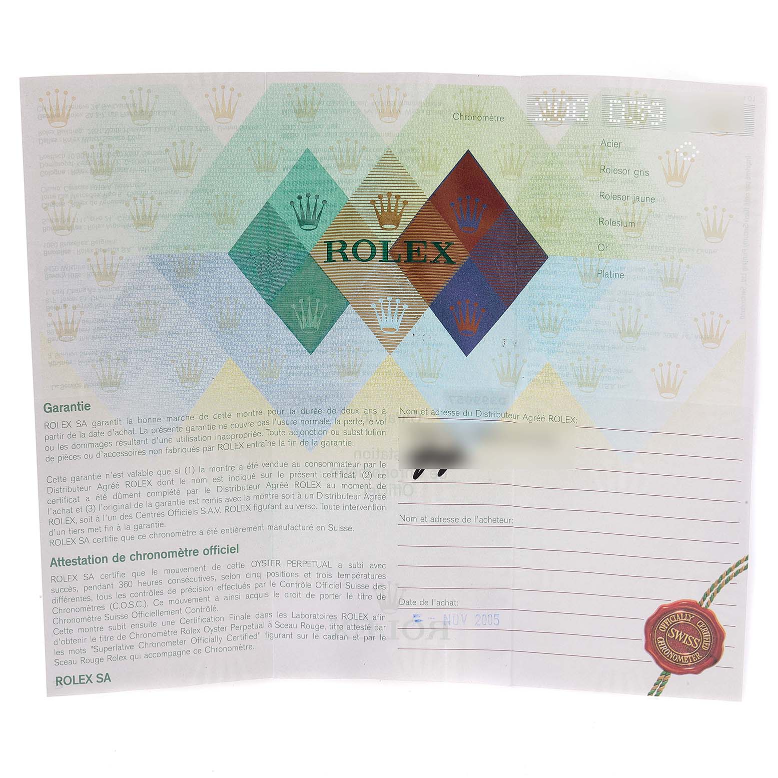 The image shows the guarantee and official chronometer certification paperwork for a Rolex GMT-Master 16710 Men
s Stainless Steel Black Dial 16710 Men
s Stainless Steel Black Dial watch.