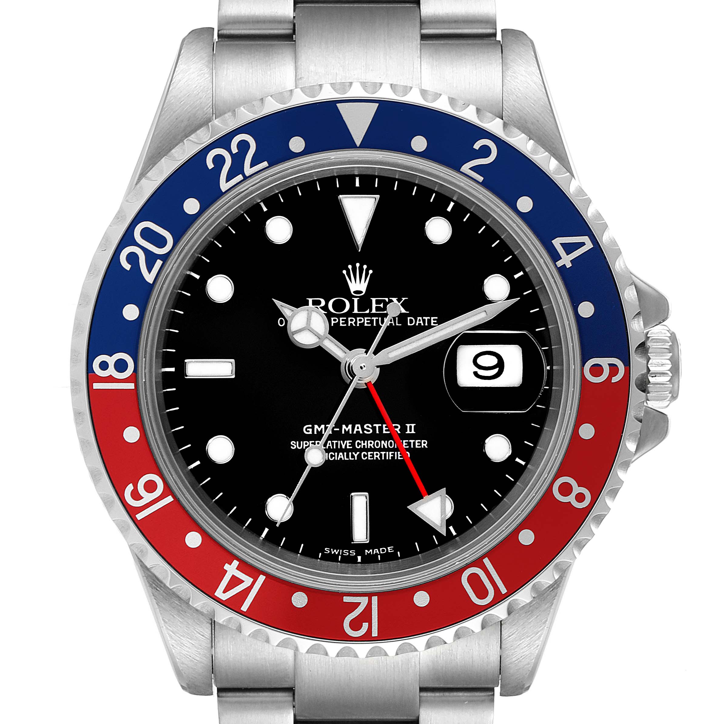 The image shows a front view of a Rolex GMT-Master 16710 Men
s Stainless Steel Black Dial 16710 Men
s Stainless Steel Black Dial II watch, highlighting the bezel, dial, and bracelet.