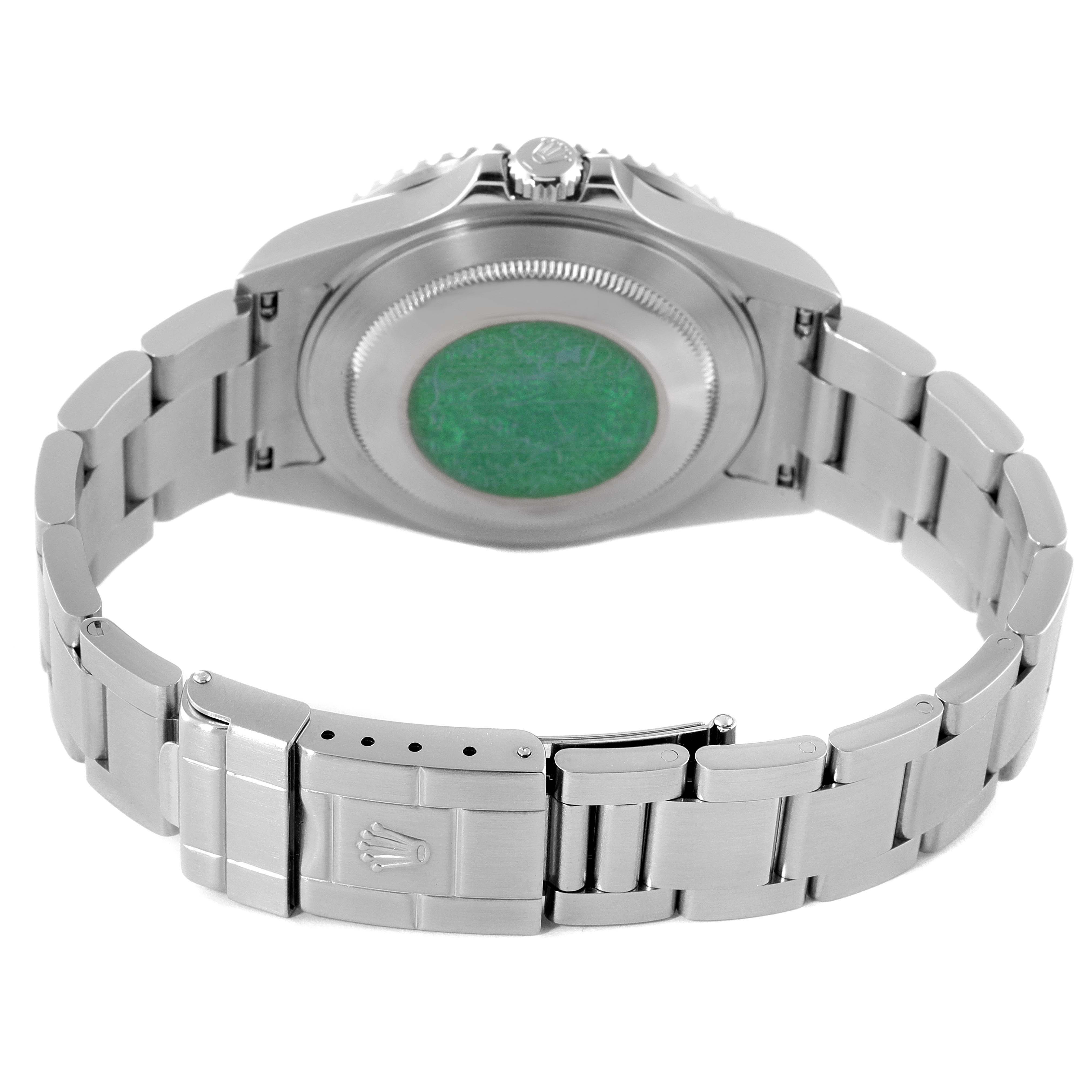 This is a rear view of the Rolex GMT-Master 16710 Men
s Stainless Steel Black Dial 16710 Men
s Stainless Steel Black Dial watch, showing the case back and the metal bracelet with the Rolex clasp.