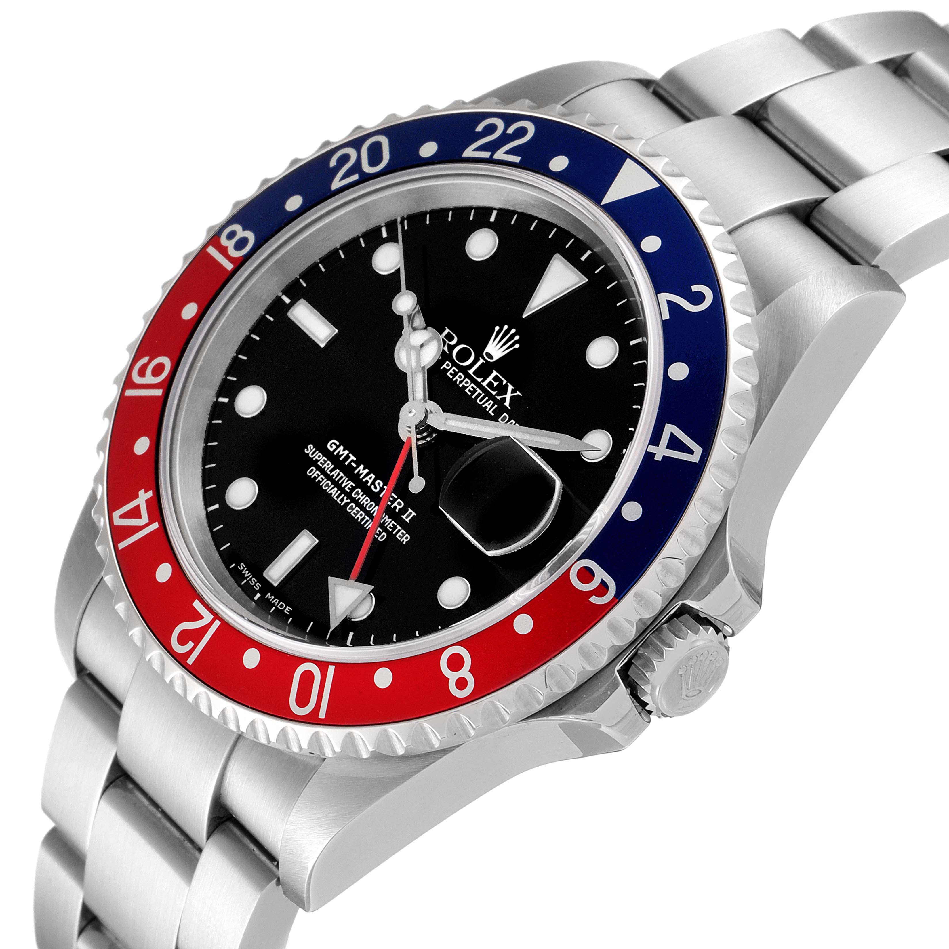 The Rolex GMT-Master 16710 Men
s Stainless Steel Black Dial 16710 Men
s Stainless Steel Black Dial watch is shown at a three-quarter angle, highlighting its bezel, dial, crown, and bracelet.