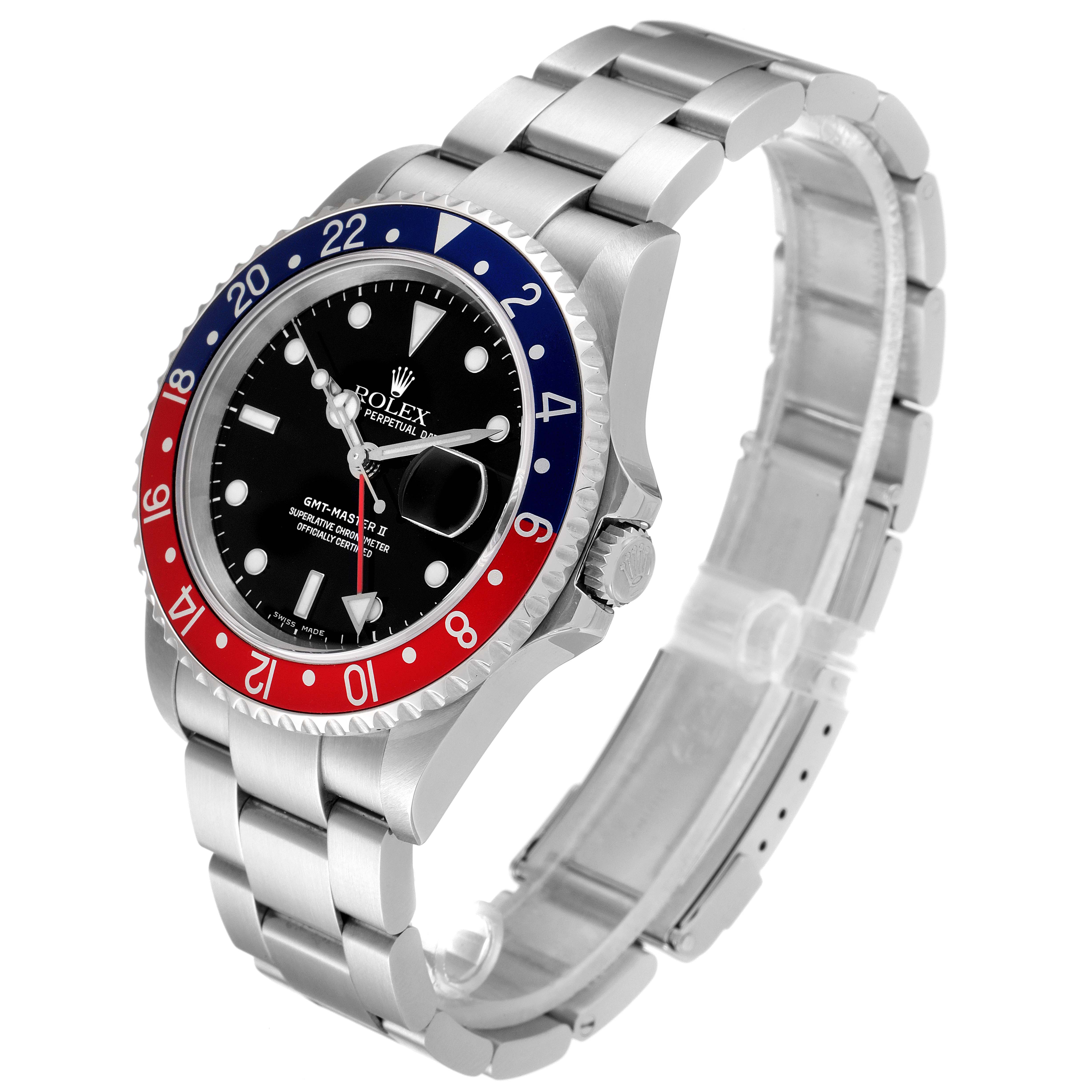 The image shows a side and front-angle view of a Rolex GMT-Master 16710 Men
s Stainless Steel Black Dial 16710 Men
s Stainless Steel Black Dial model, highlighting the bezel, dial, crown, and bracelet.