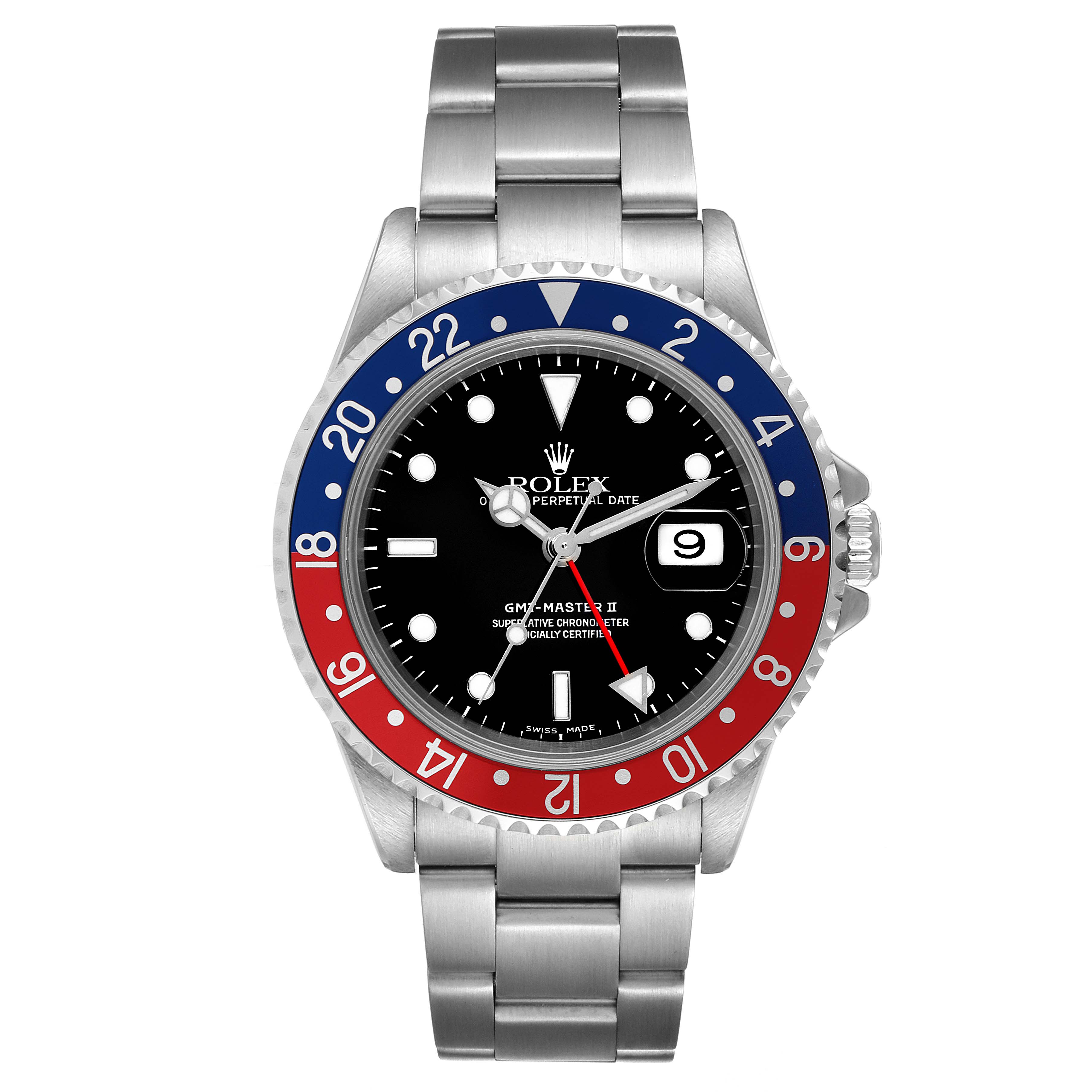 The image shows a front-facing view of a Rolex GMT-Master 16710 Men
s Stainless Steel Black Dial 16710 Men
s Stainless Steel Black Dial II watch with a red and blue bezel and a metal bracelet.