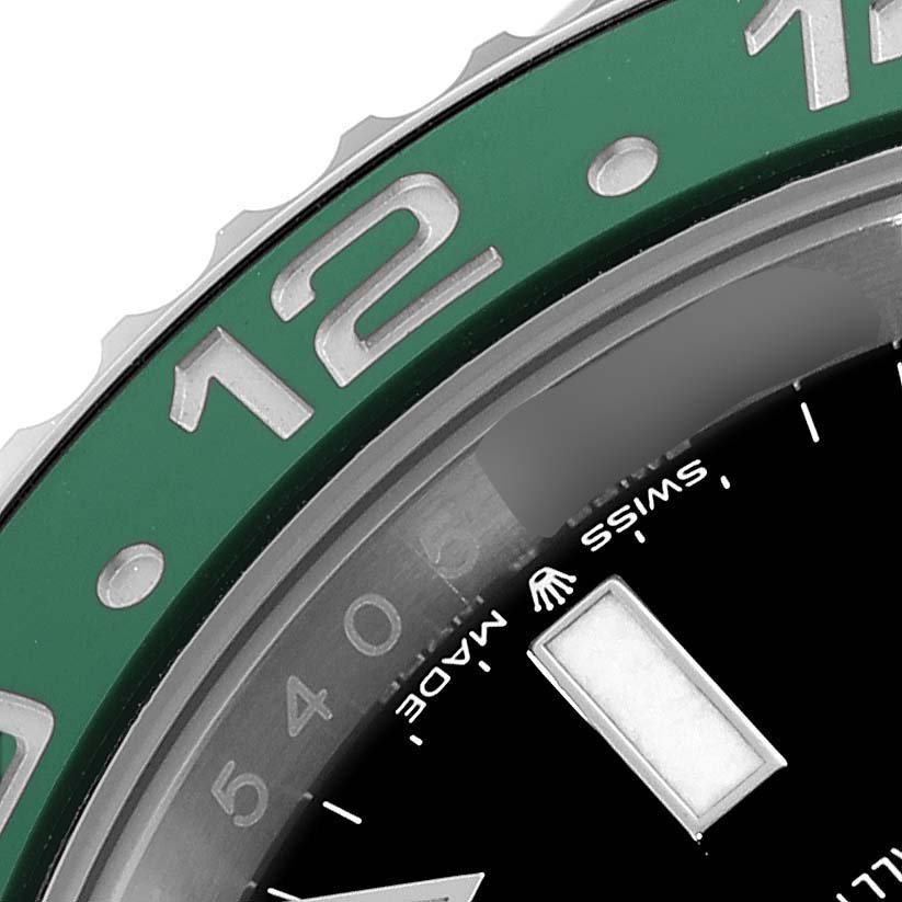 The image shows a close-up of the bezel, dial, and the "Swiss Made" marking of a Rolex GMT-Master 126720VTNR-0001 Men's Stainless Steel Black Dial 126720VTNR-0001 Men's Stainless Steel Black Dial watch.