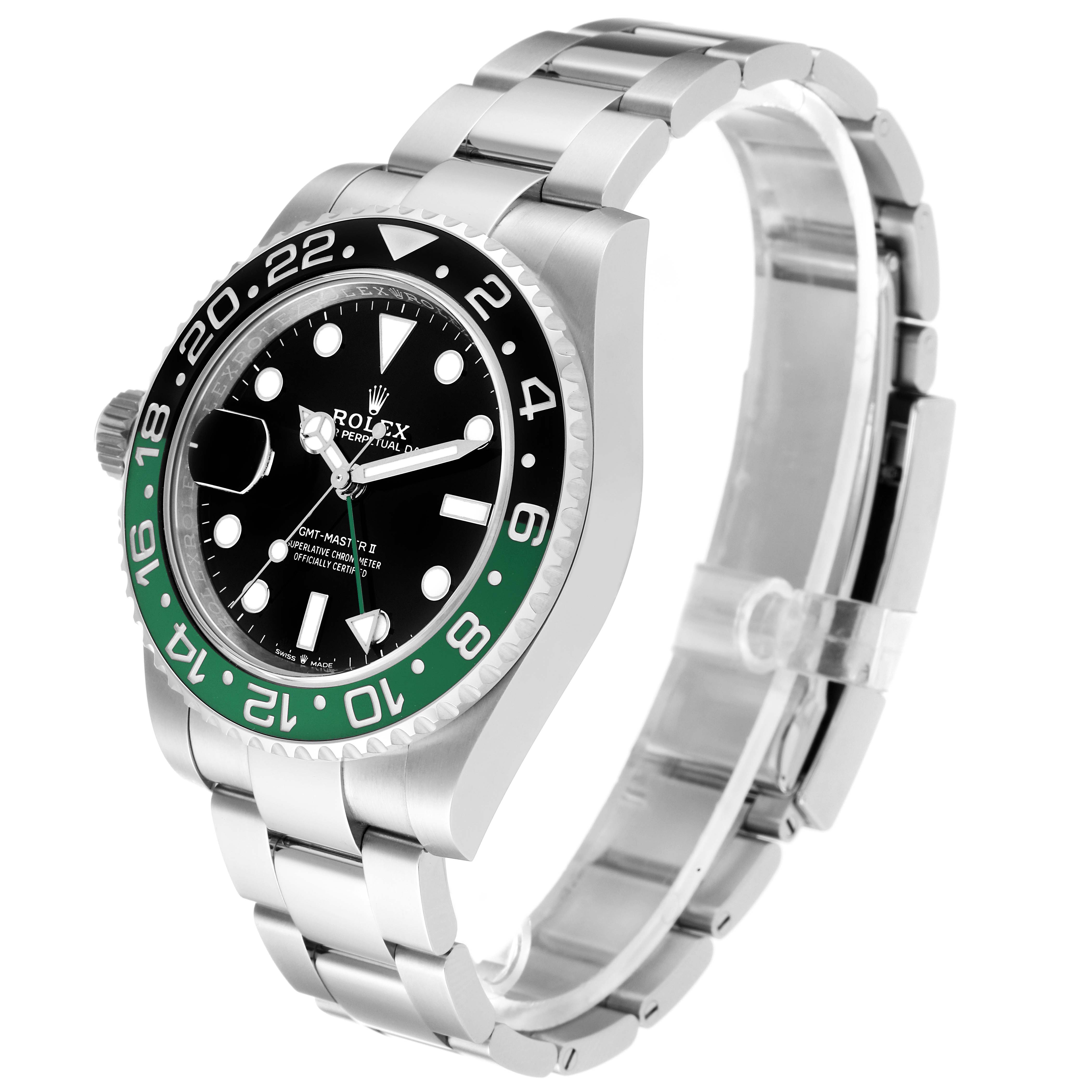 The image shows a right-side angle view of a Rolex GMT-Master 126720VTNR-0001 Men's Stainless Steel Black Dial 126720VTNR-0001 Men's Stainless Steel Black Dial II watch, highlighting the bezel, dial, and bracelet.