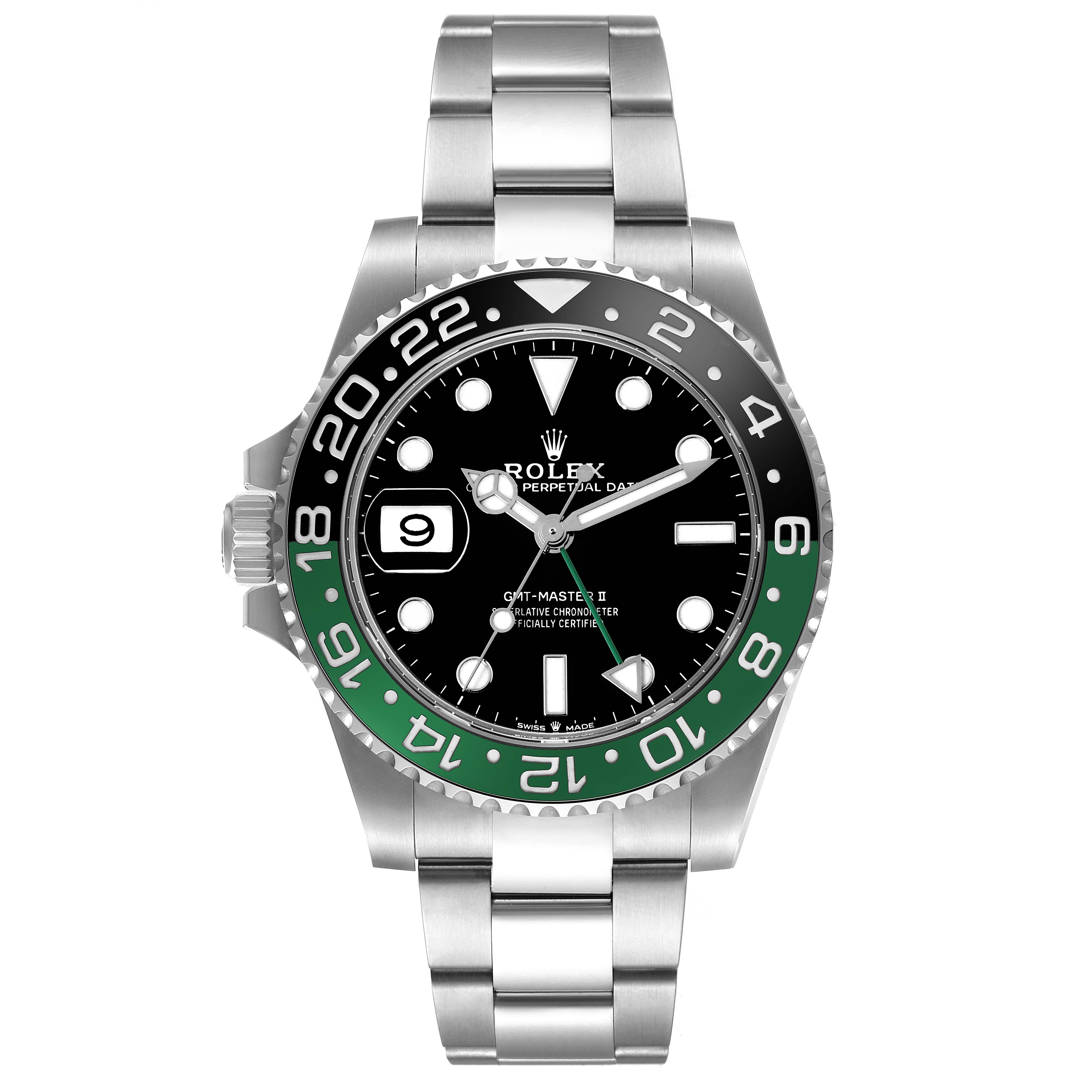 This Rolex GMT-Master 126720VTNR-0001 Men's Stainless Steel Black Dial 126720VTNR-0001 Men's Stainless Steel Black Dial watch is shown from the front, displaying the face, bezel, and bracelet.