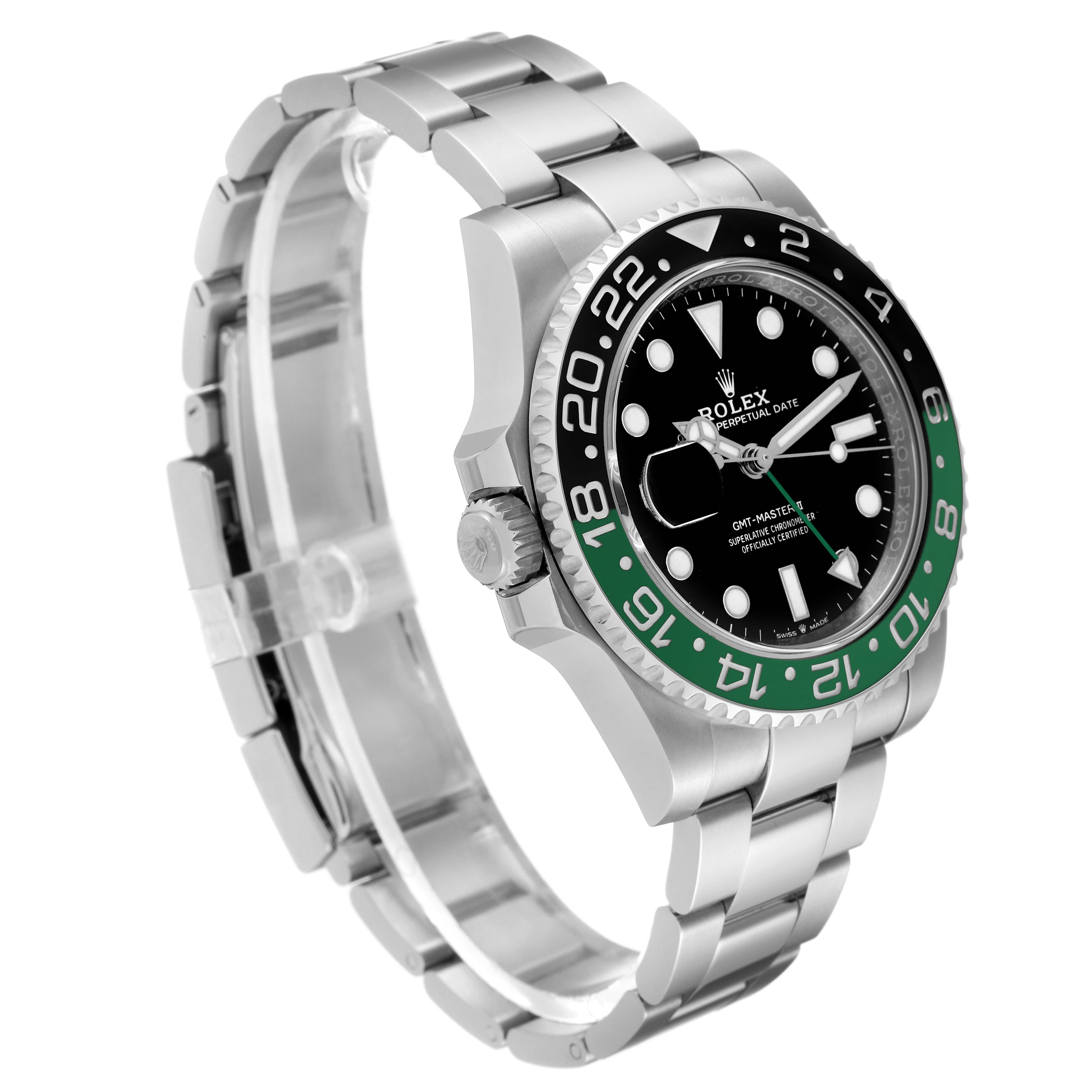 The image shows a Rolex GMT-Master 126720VTNR-0001 Men's Stainless Steel Black Dial 126720VTNR-0001 Men's Stainless Steel Black Dial watch from a left-side angle, highlighting the dial, bezel, and part of the bracelet.