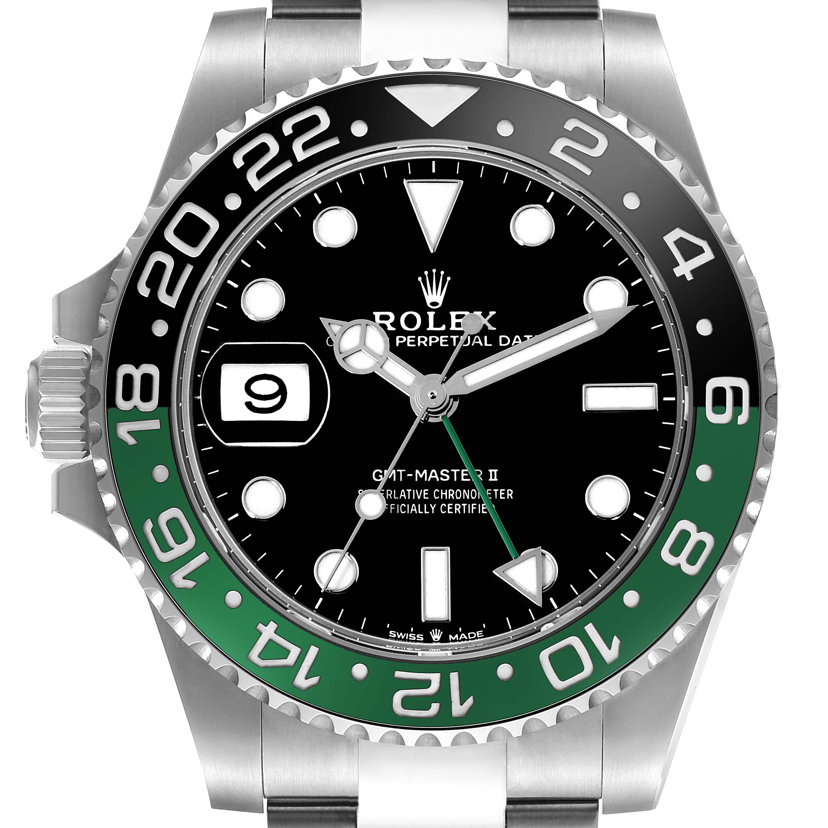 The image shows a front view of the Rolex GMT-Master 126720VTNR-0001 Men's Stainless Steel Black Dial 126720VTNR-0001 Men's Stainless Steel Black Dial II watch, highlighting its bezel, dial, hands, and date window.