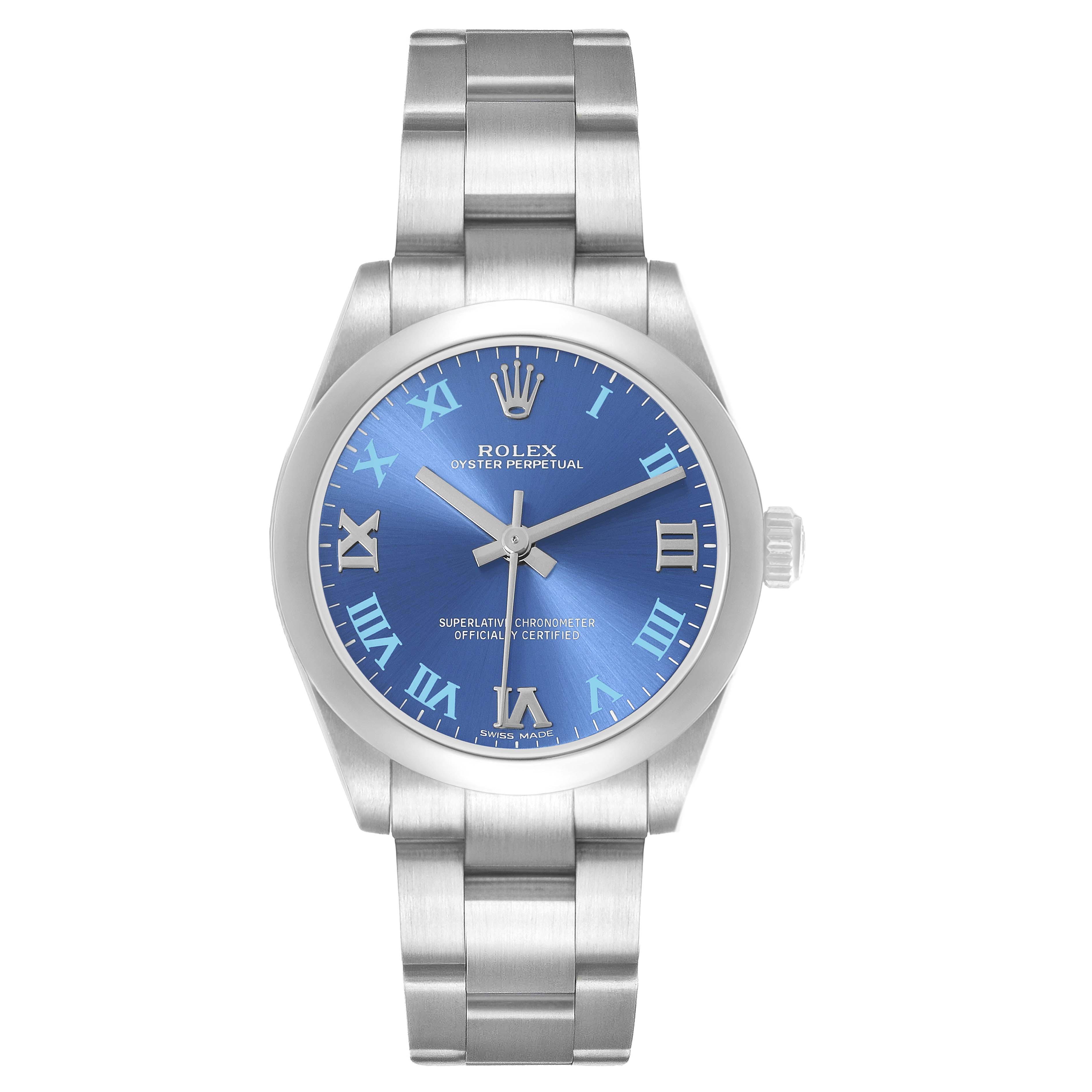 The Rolex Oyster Perpetual Mid-Size watch is shown from a front angle, displaying the full face and bracelet.