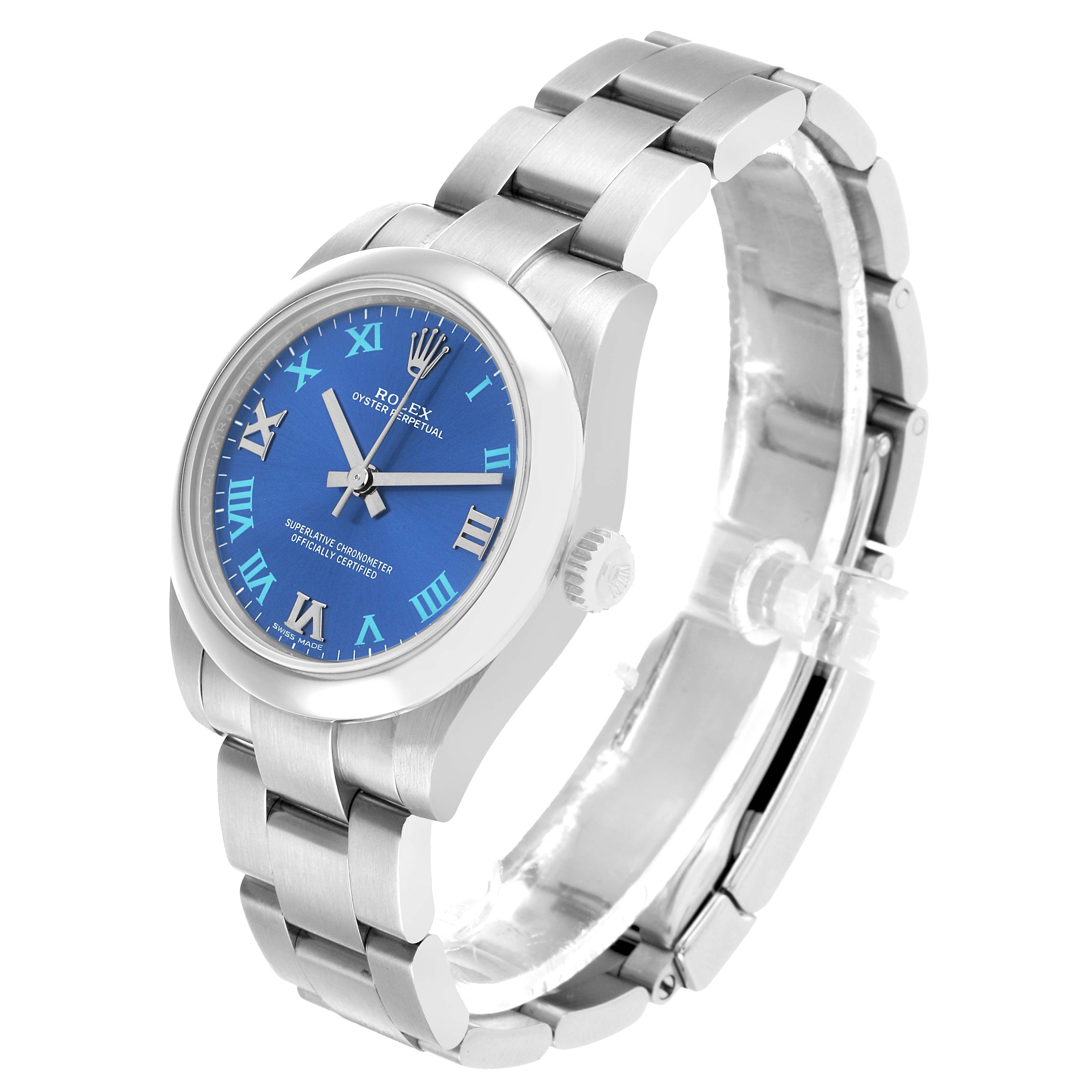 The Rolex Mid-Size 177200 Women's Stainless Steel Blue Dial watch is shown at an angled view, highlighting the blue dial, Roman numerals, case, crown, and bracelet.