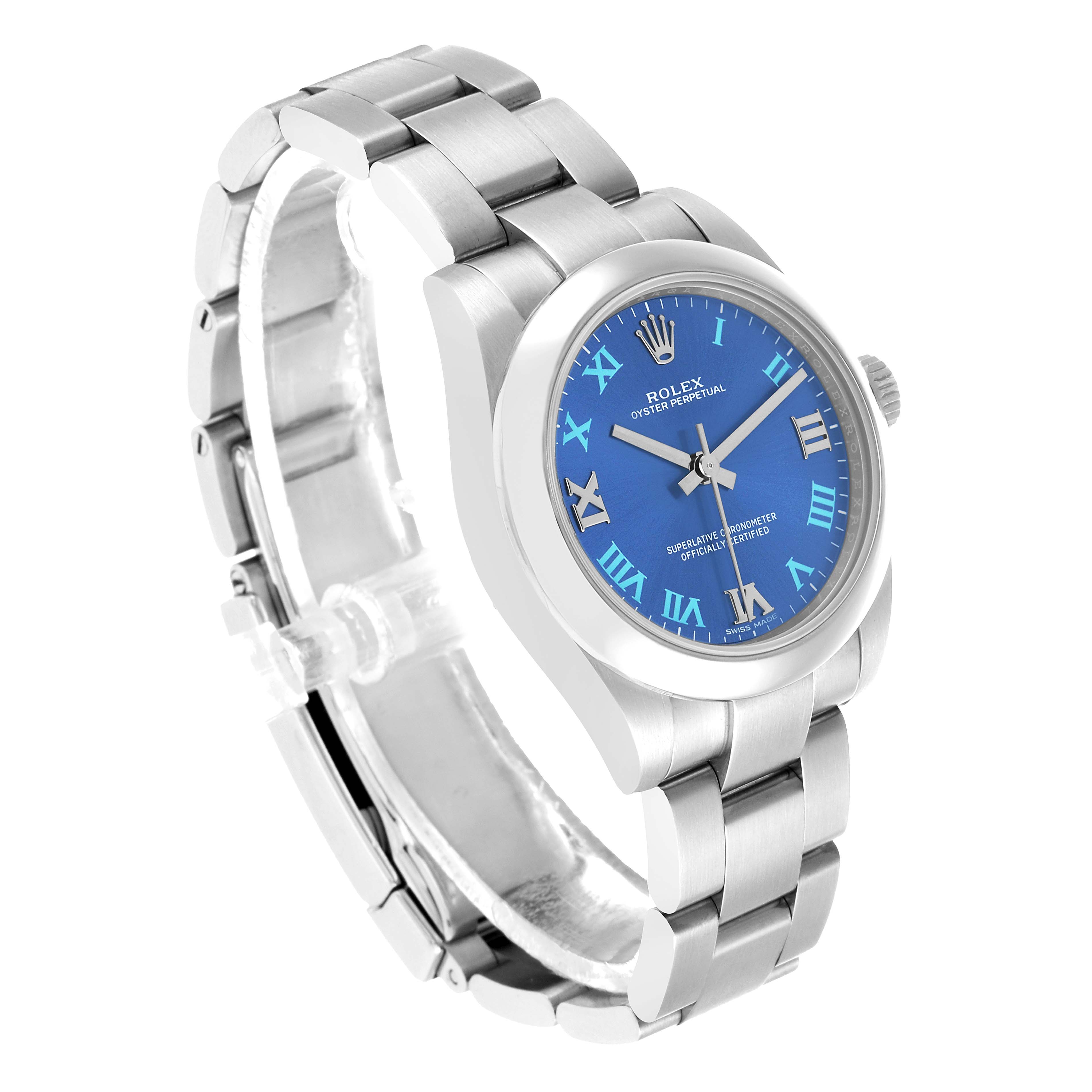 The Rolex Mid-Size 177200 Women's Stainless Steel Blue Dial watch is shown at a three-quarter angle, highlighting the blue dial, stainless steel case, and bracelet.