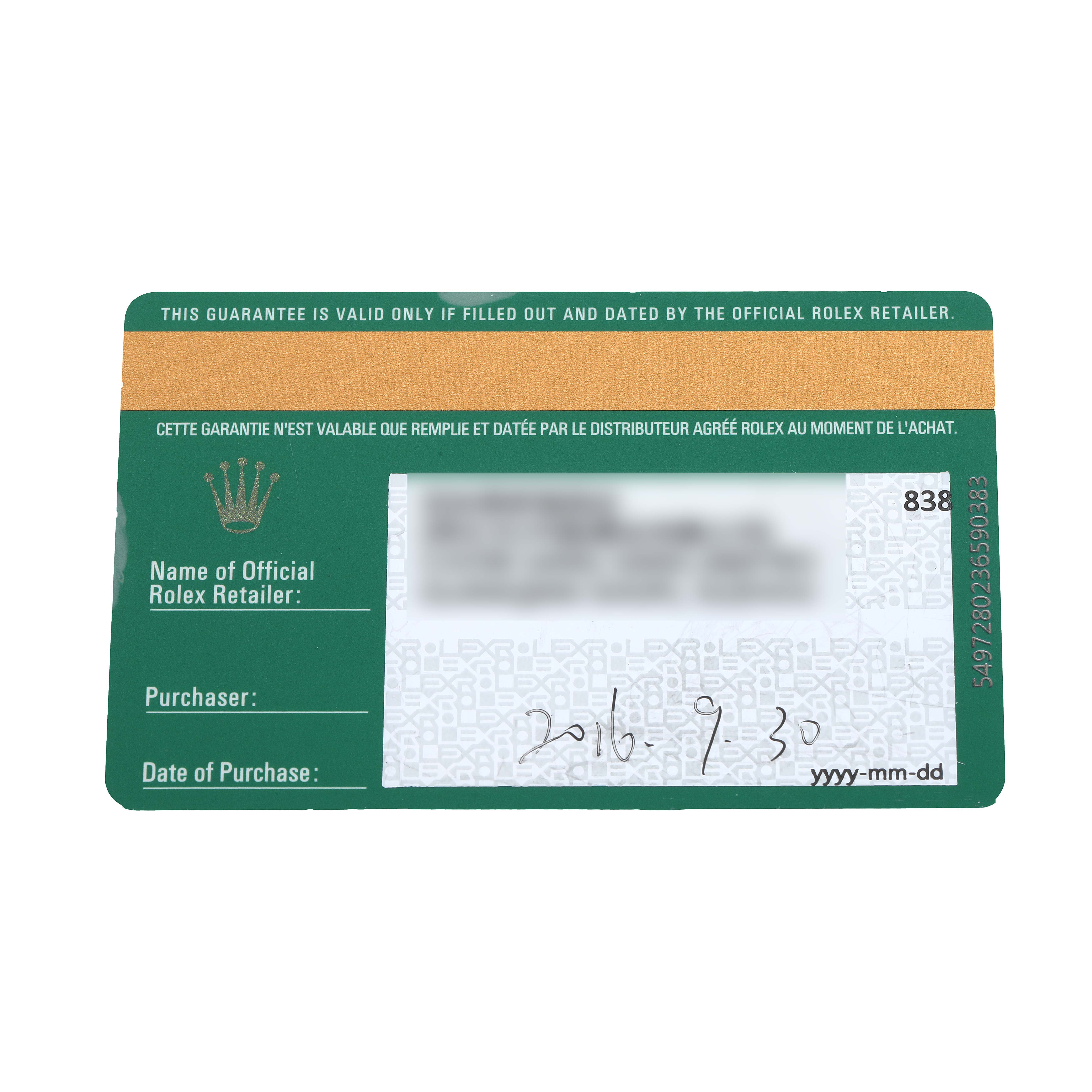 This image shows a green Rolex warranty card for a Mid-Size model, displaying retailer details and purchase date.