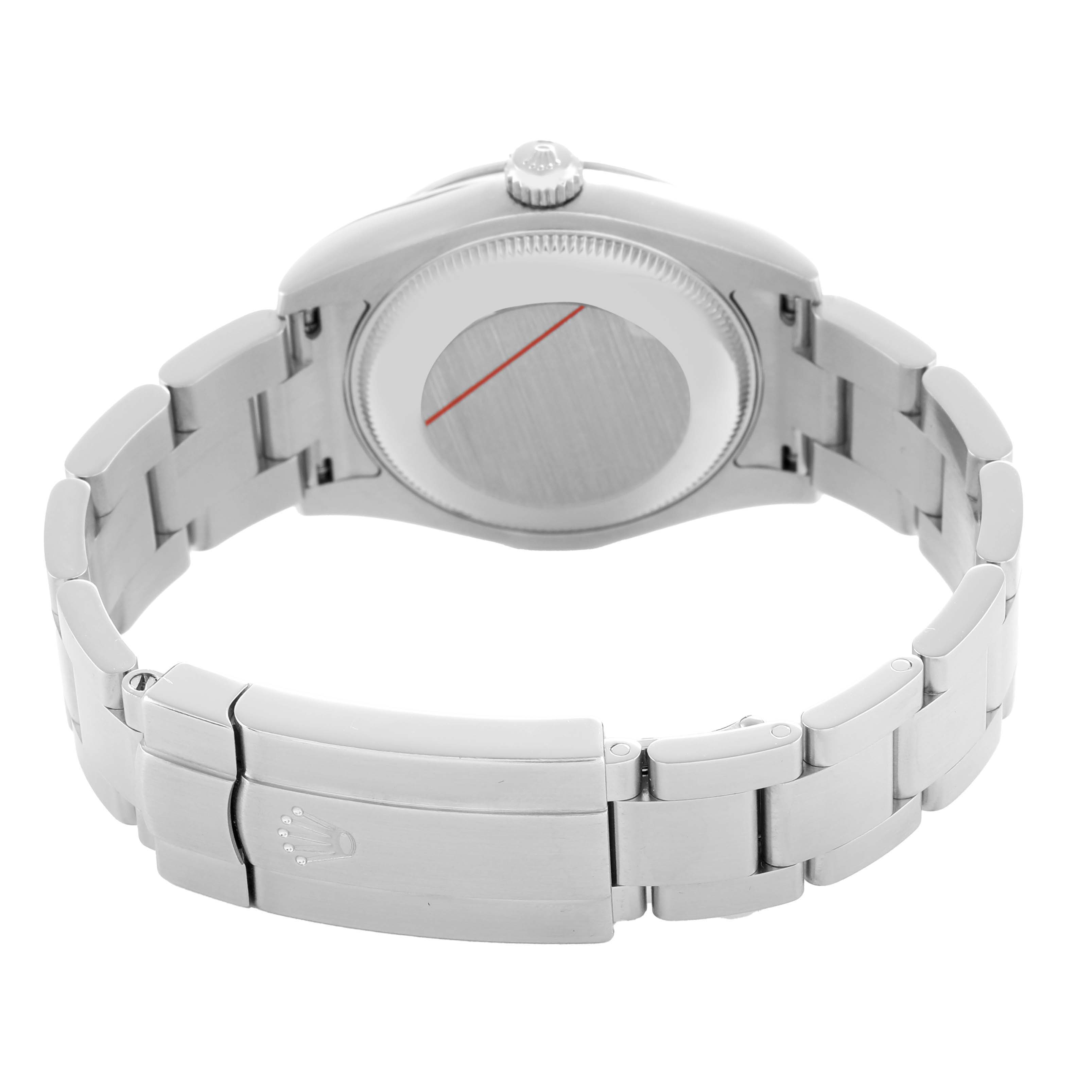 The image shows the back of a Rolex Mid-Size 177200 Women's Stainless Steel Blue Dial watch, highlighting the bracelet and clasp.