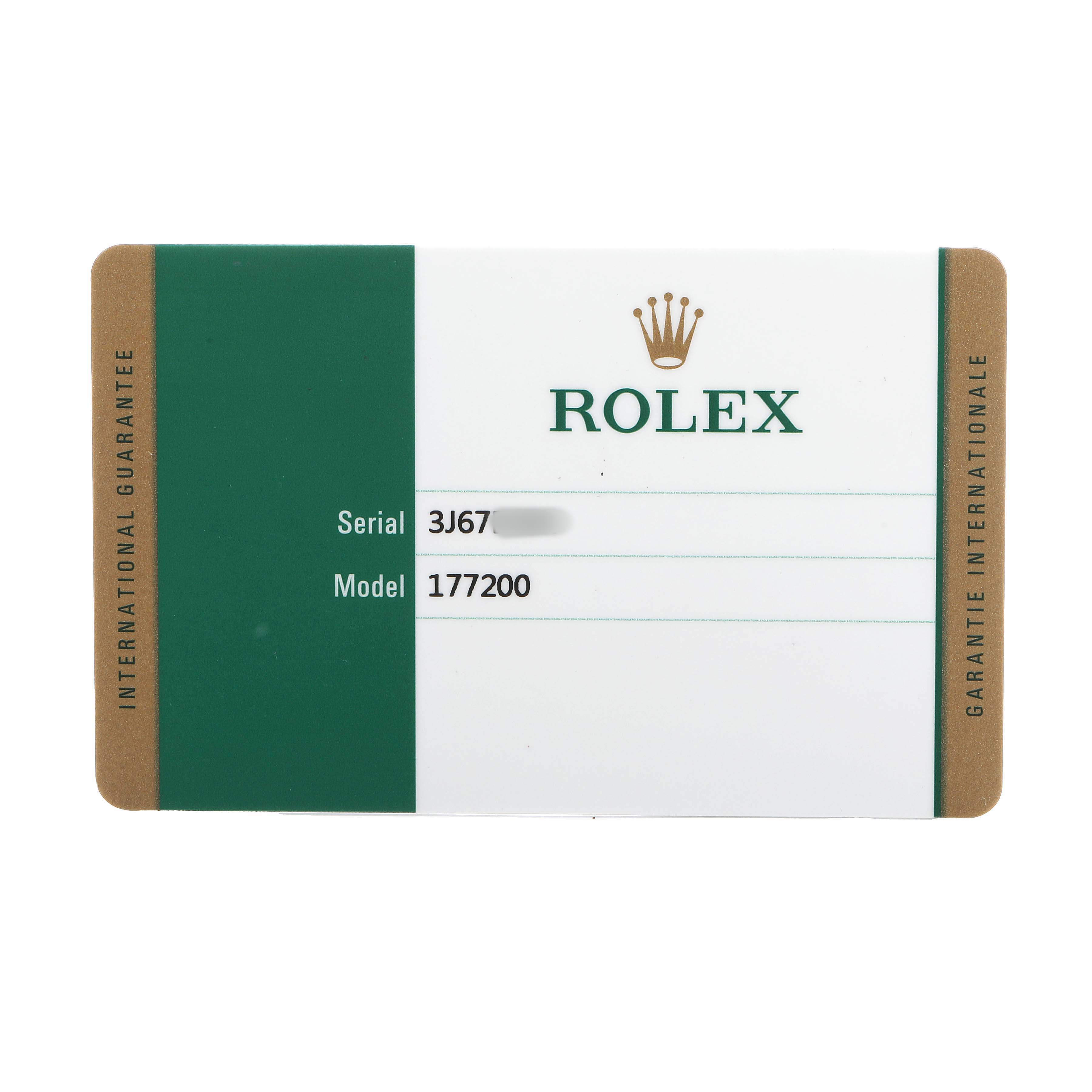 The image shows a Rolex warranty card for the Mid-Size model 177200, displaying serial details.