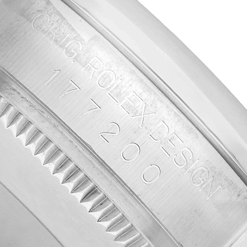 The image shows a close-up of the side engraving on a Rolex Mid-Size 177200 Women's Stainless Steel Blue Dial model, highlighting the model and brand details.