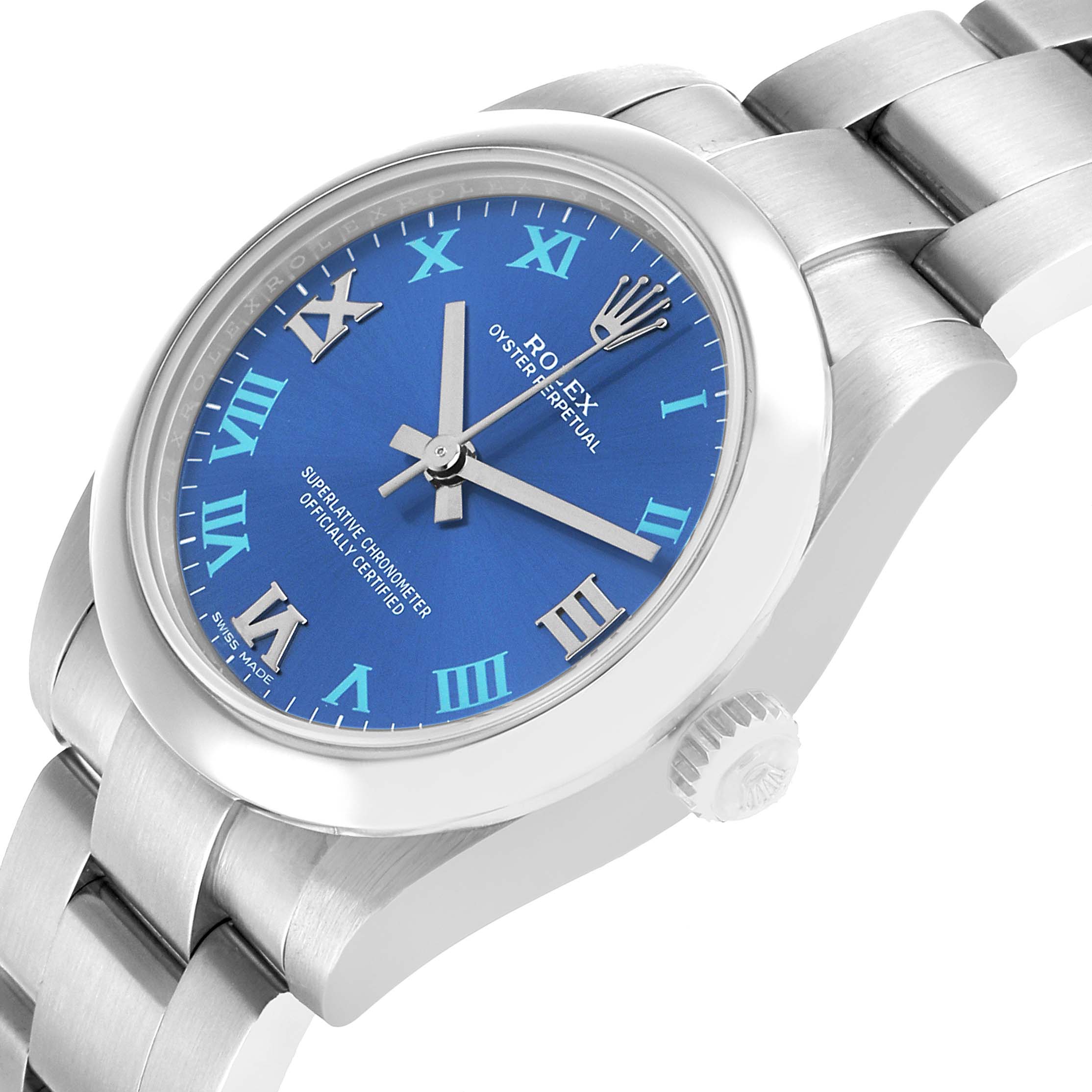 The Rolex Mid-Size 177200 Women's Stainless Steel Blue Dial watch is shown at an angle highlighting the dial, case, bracelet, and crown.