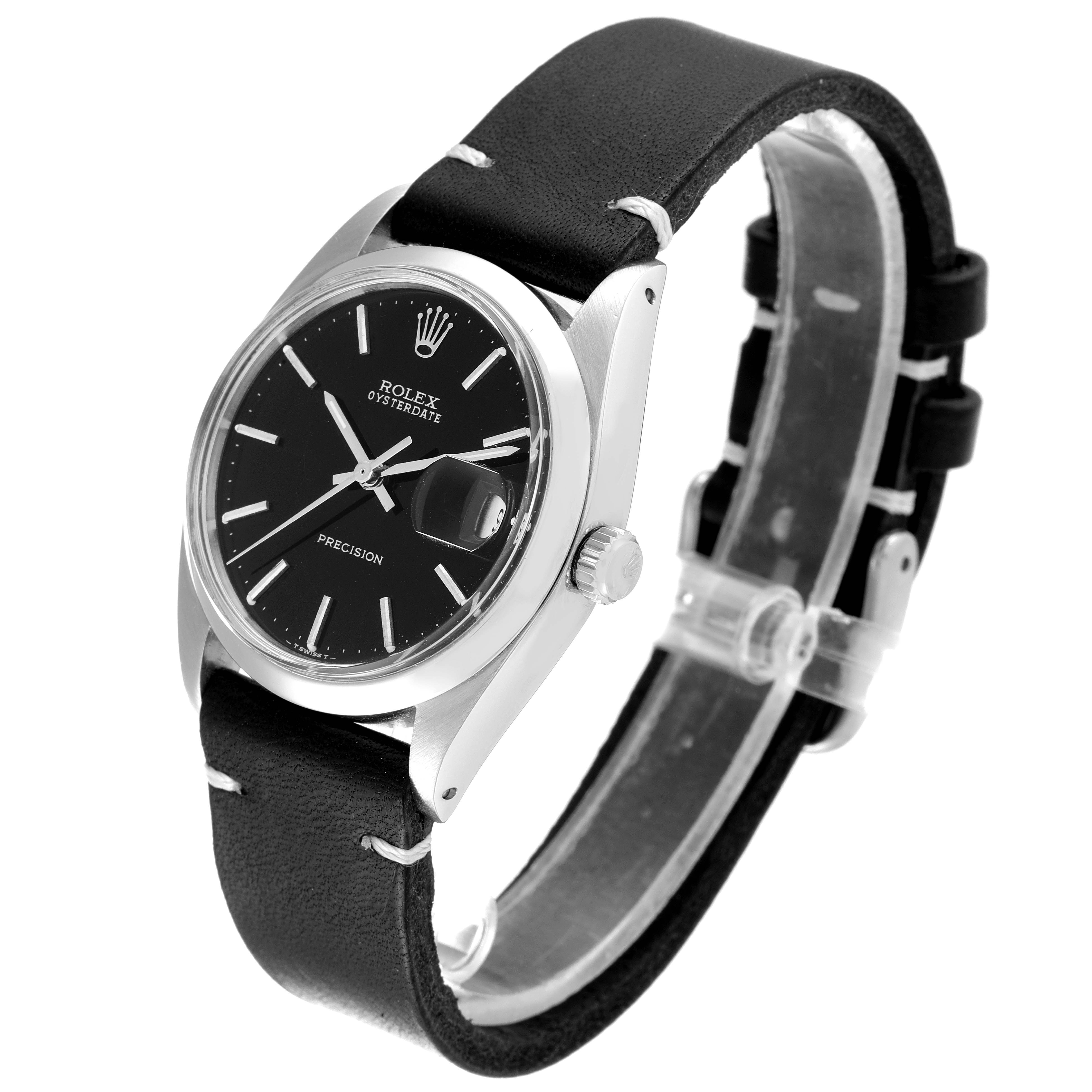 The image shows a Rolex Vintage Collection 6694 Men's Stainless Steel Black Dial 6694 Men's Stainless Steel Black Dial watch at a tilted angle, displaying the face, bezel, crown, and leather strap.