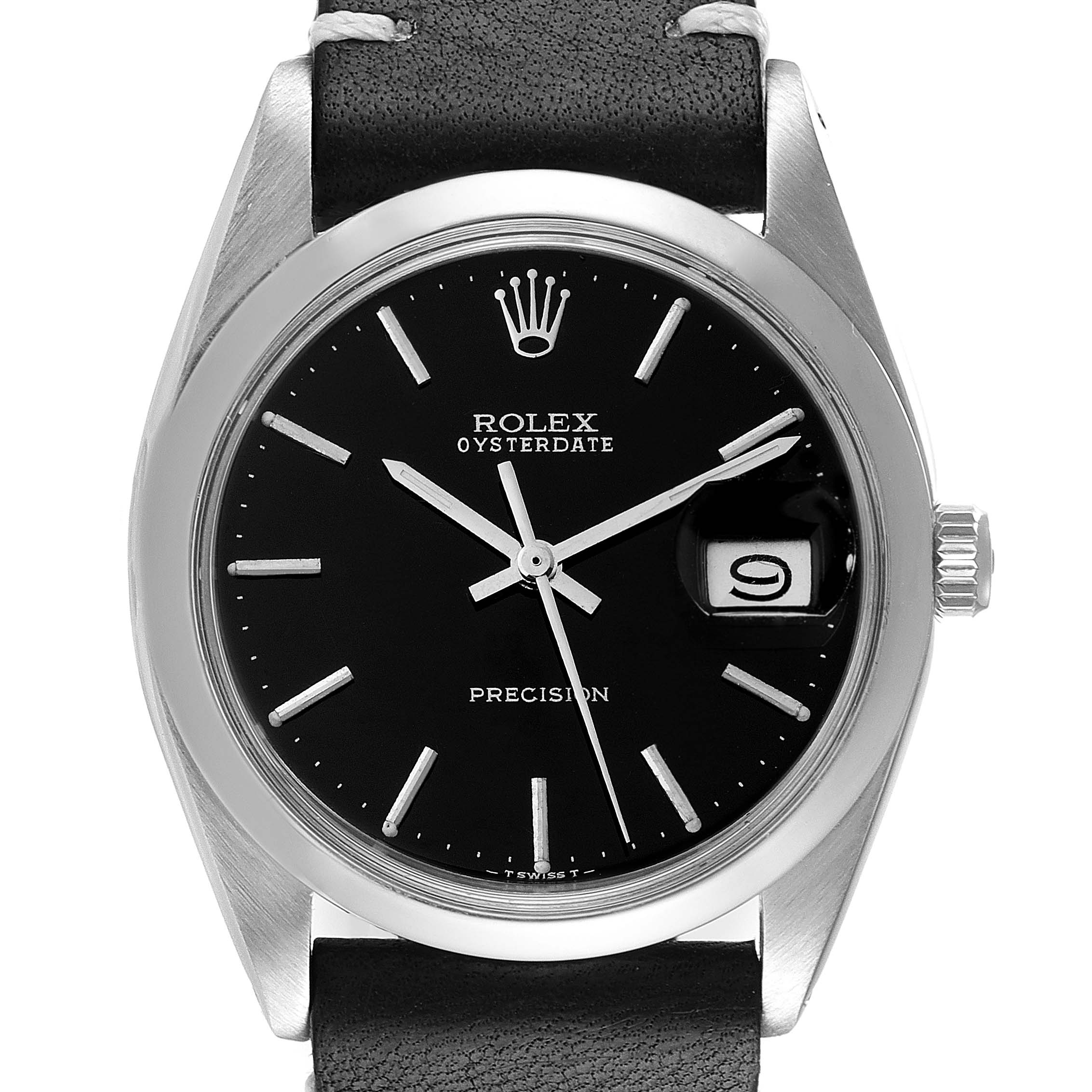 The image shows a front view of a Rolex Vintage Collection 6694 Men's Stainless Steel Black Dial 6694 Men's Stainless Steel Black Dial Oysterdate watch, displaying the face, bezel, crown, and part of the band.
