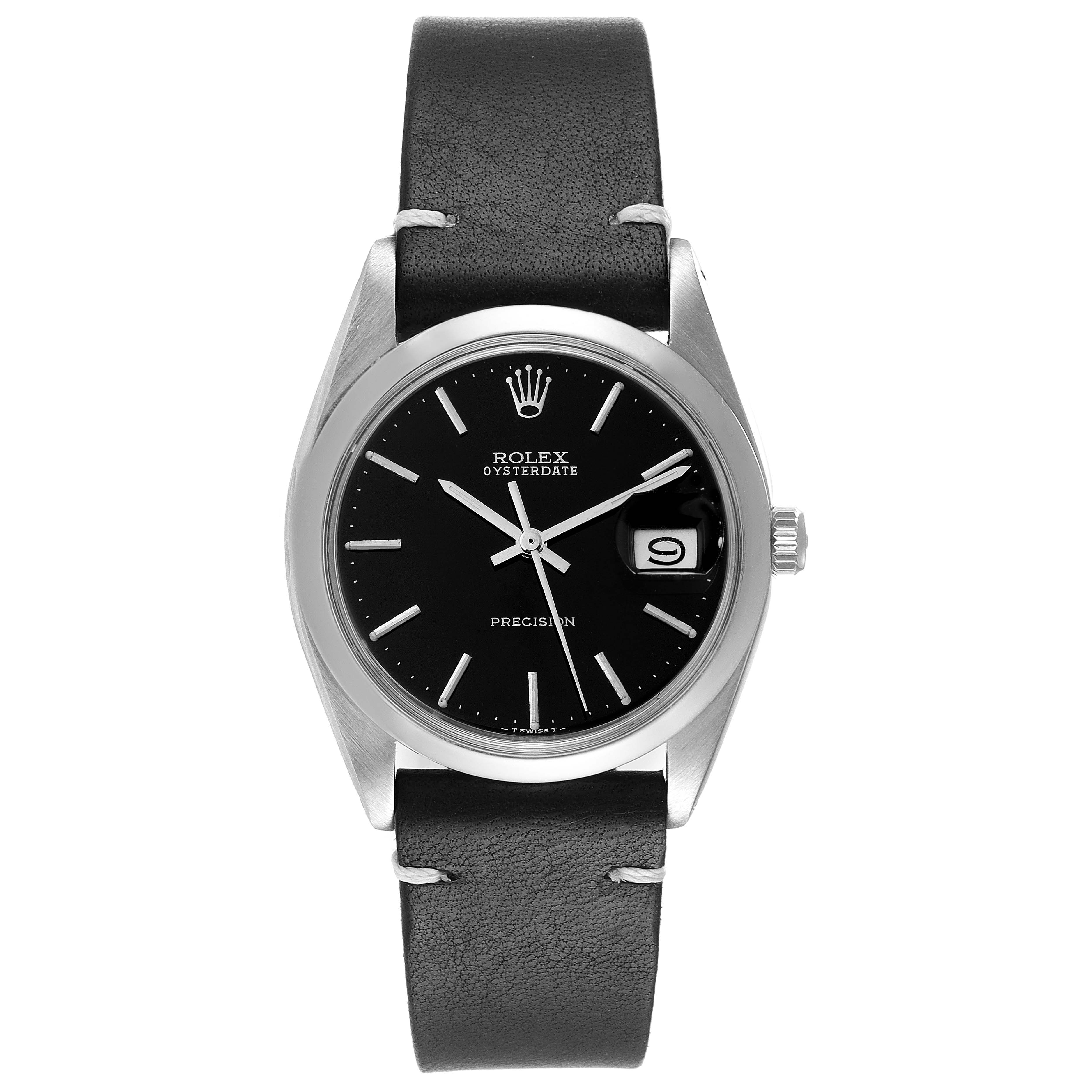 This image shows a front view of a Rolex Vintage Collection 6694 Men's Stainless Steel Black Dial 6694 Men's Stainless Steel Black Dial Oysterdate watch with a black dial and leather strap.