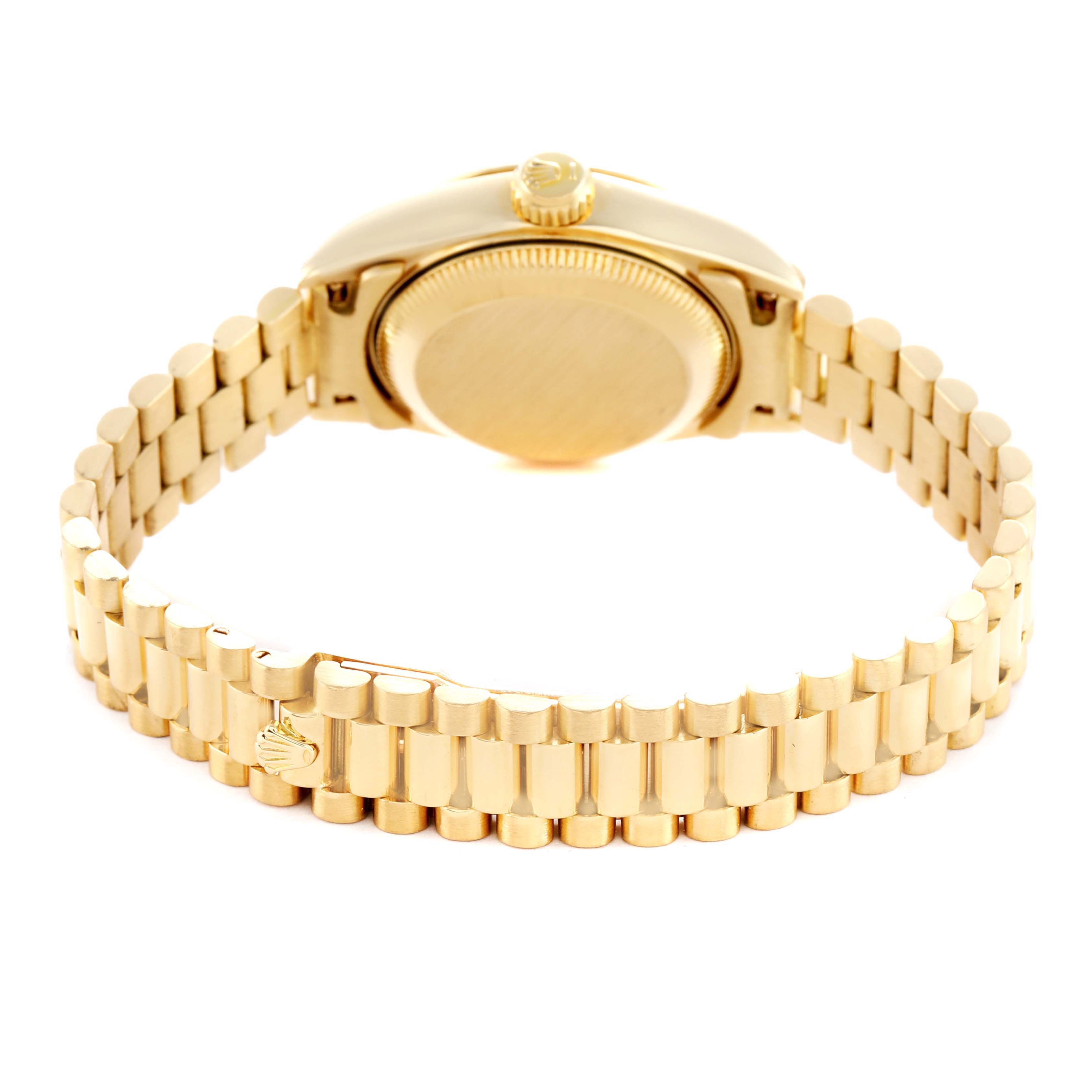The image shows the back case and bracelet of a Rolex President 69178 Women's Yellow Gold Champagne Dial model, viewed from the rear angle.