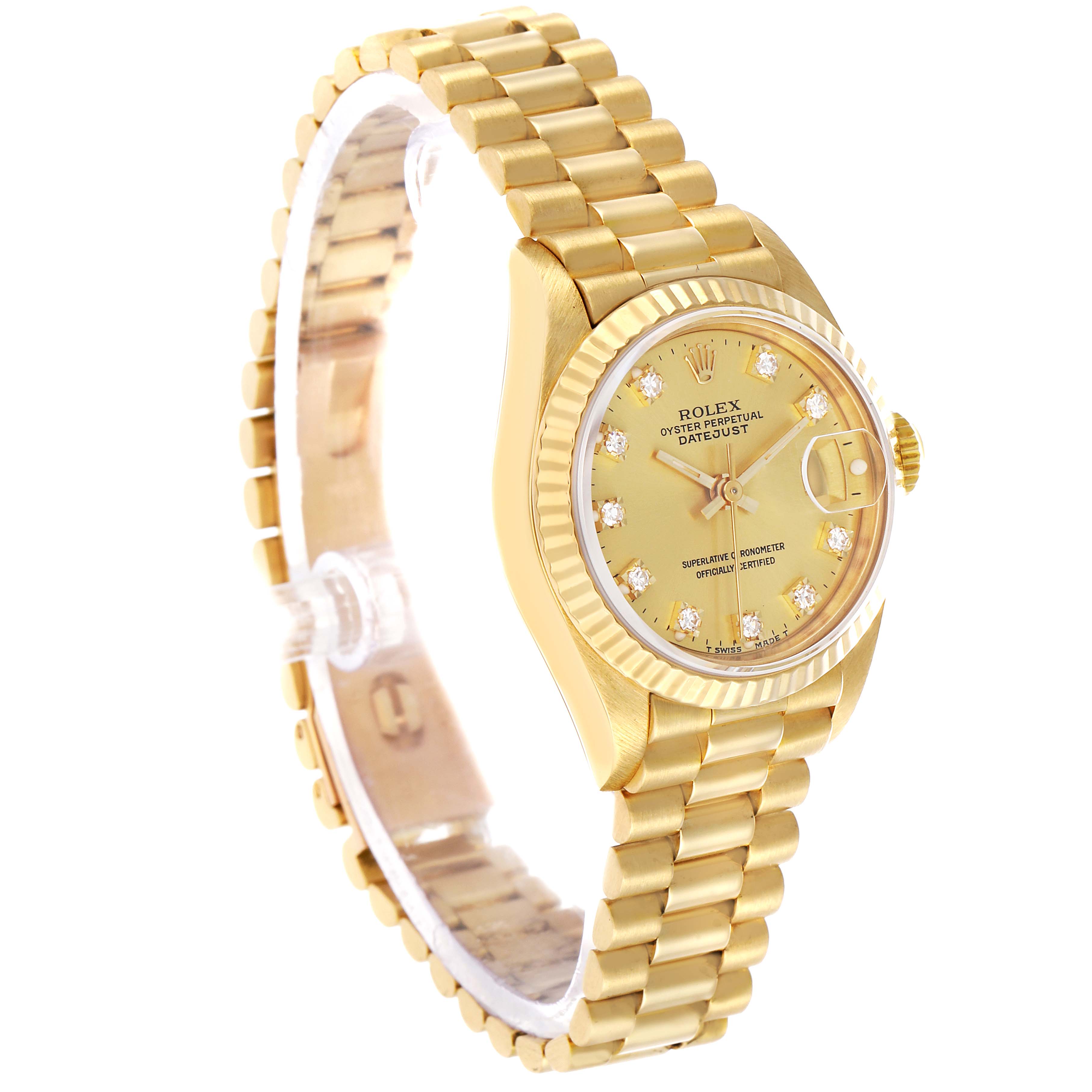The Rolex President 69178 Women's Yellow Gold Champagne Dial model is shown at a slightly elevated angle, featuring the face, bezel, and full bracelet.